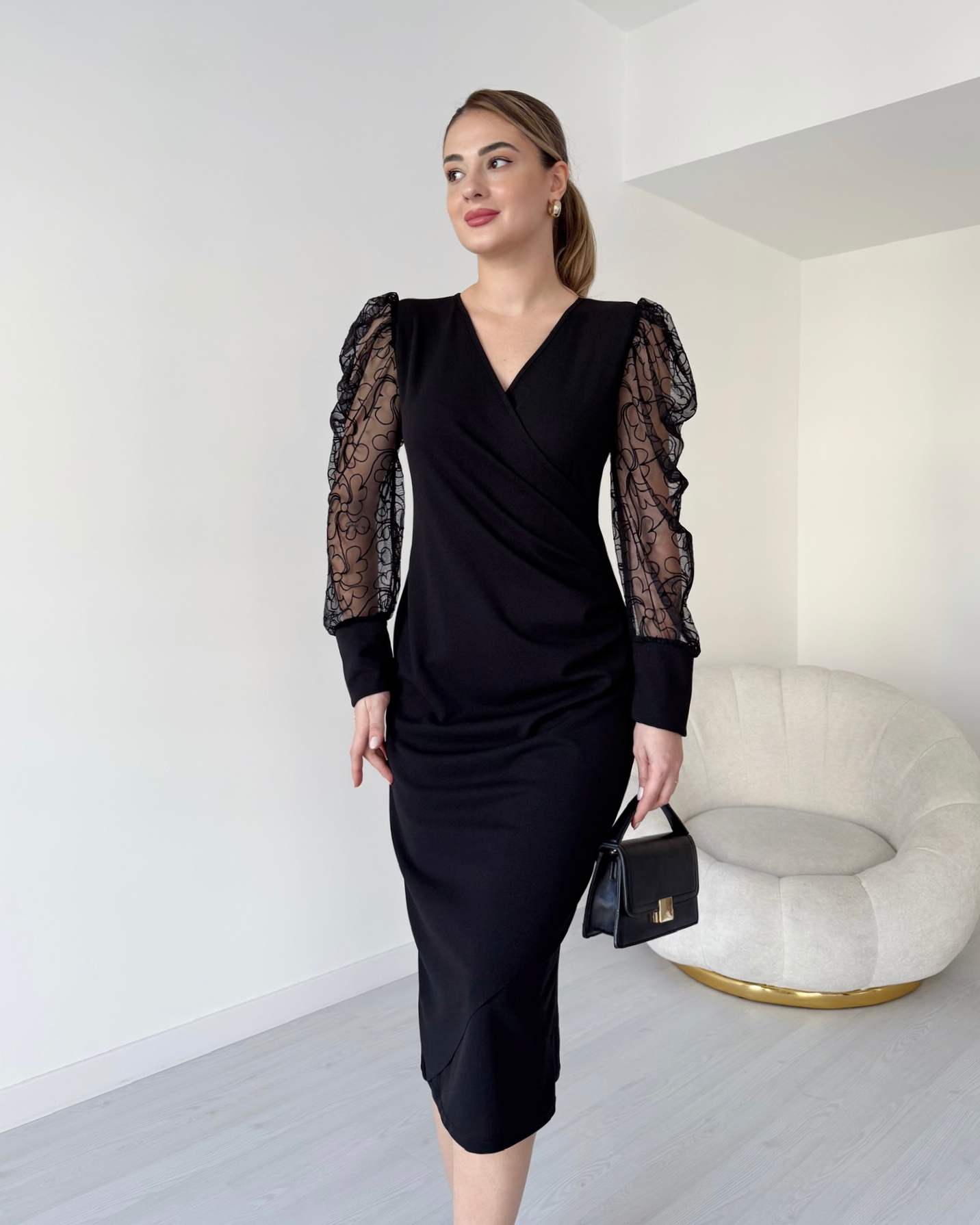 Kruvaze Yaka Kolu Tül Elbise