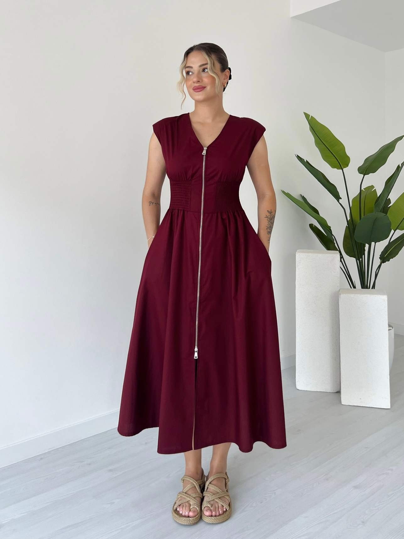 Önü Fermuarlı Midi Boy Poplin Elbise - Bordo