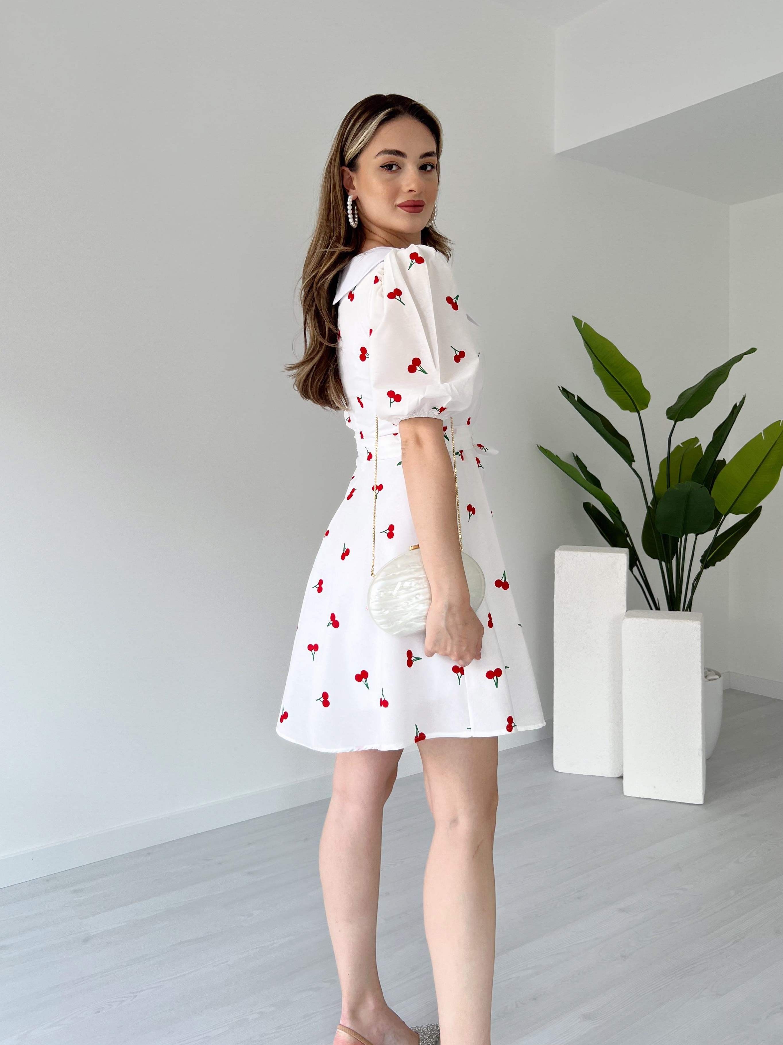 Bebe Yaka Desenli Poplin Elbise - Kiraz Desenli