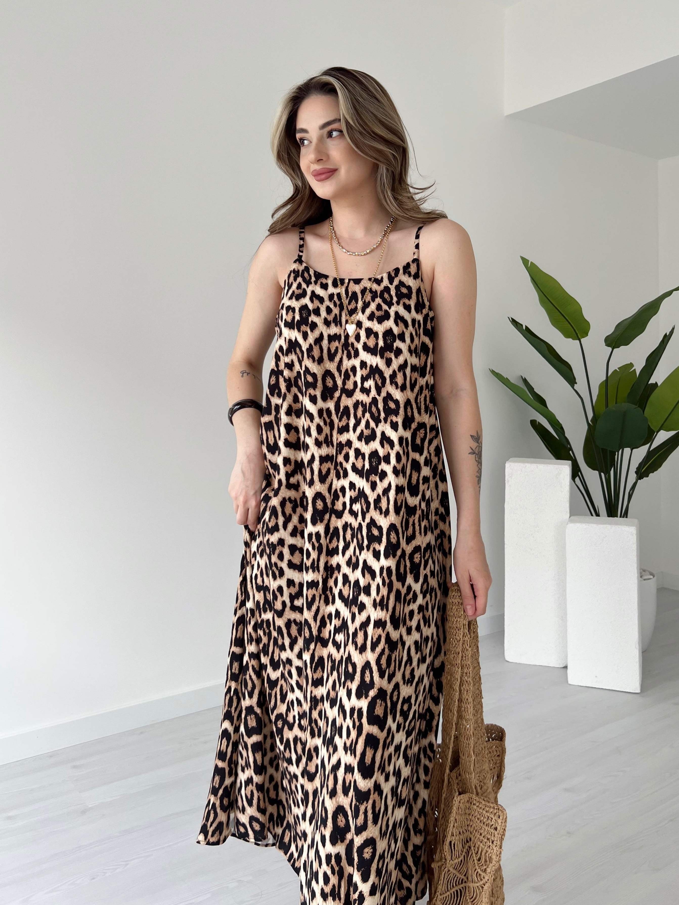 Ayarlanabilir Askılı Desenli Elbise - leopar