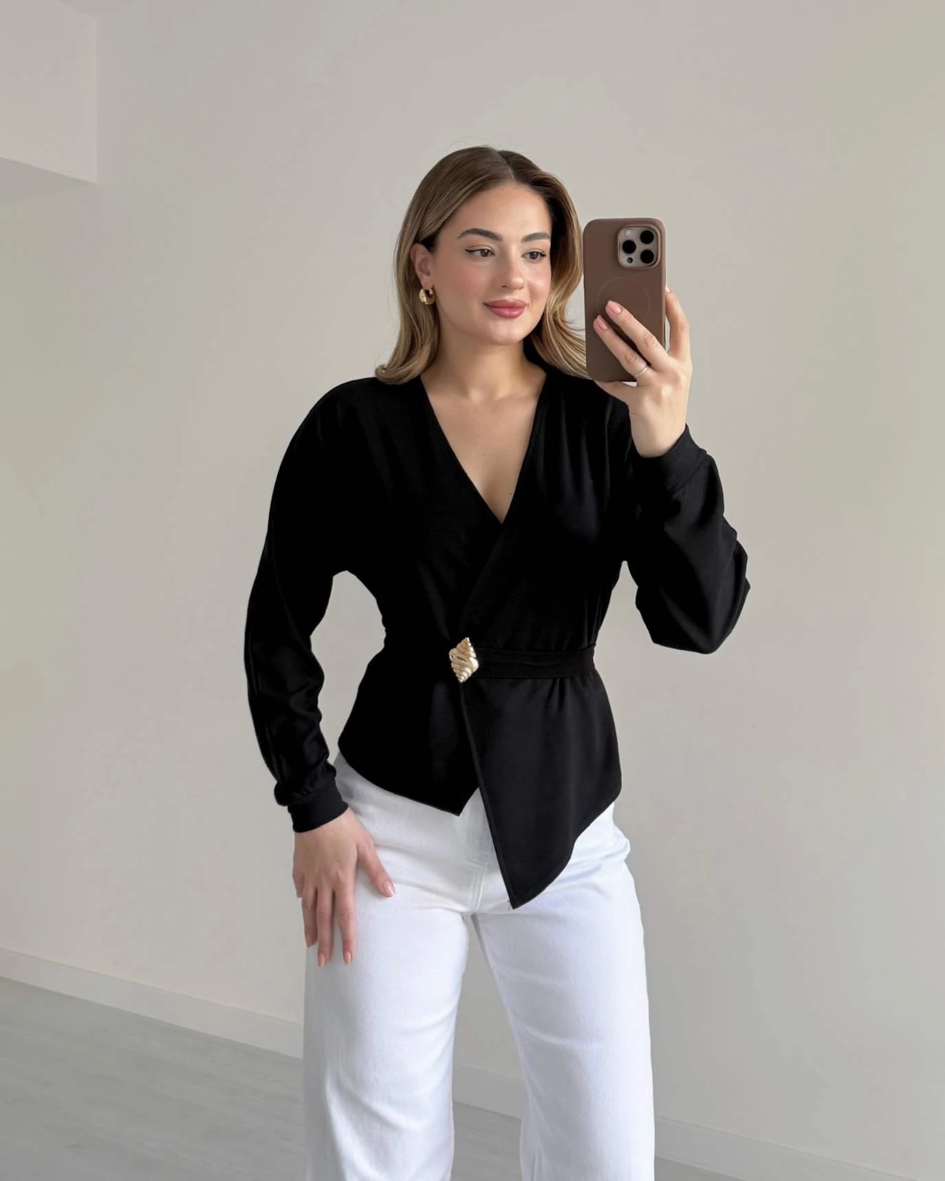 Kruvaze Yaka Çelik Örme Penye Bluz