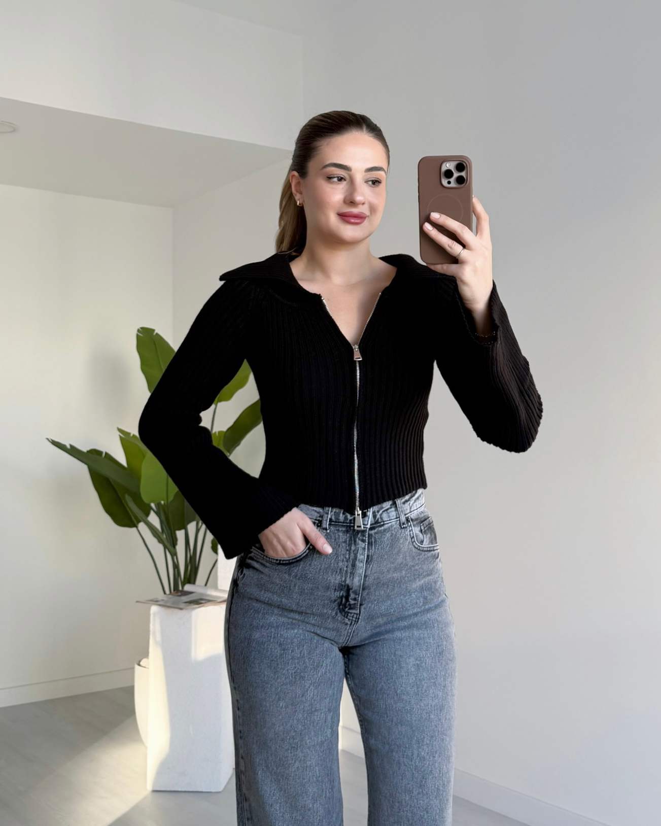 Çift Fermuarlı Geniş Yaka Hırka