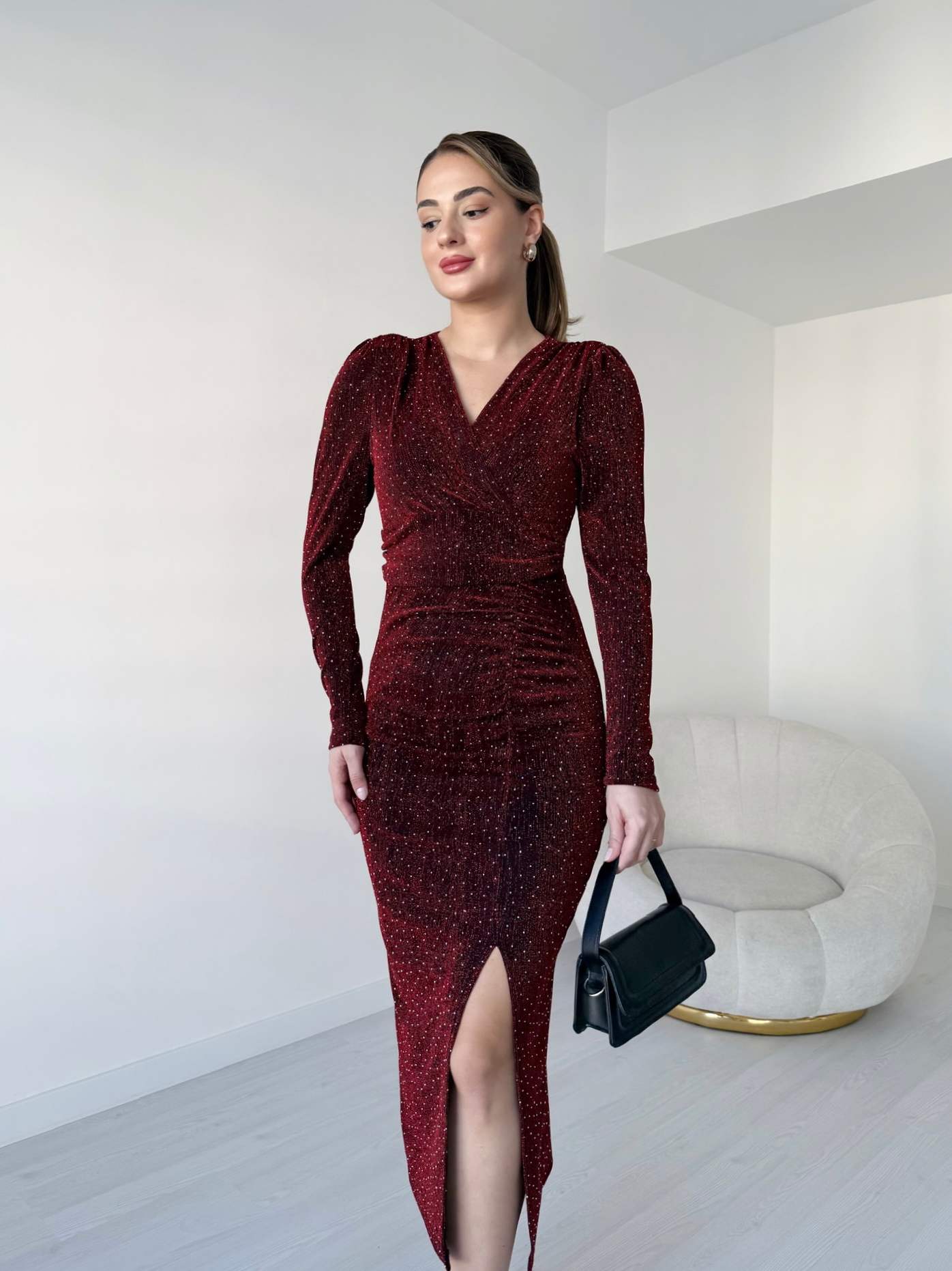 Kruvaze Yaka Taşlı Tasarım Elbise