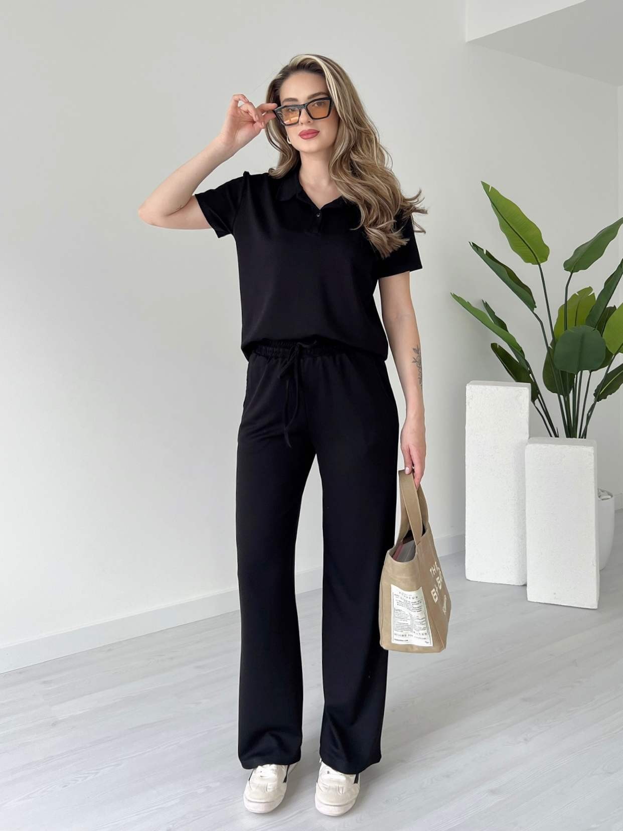 Polo Yaka Kısa Kollu Casual Takım - Siyah