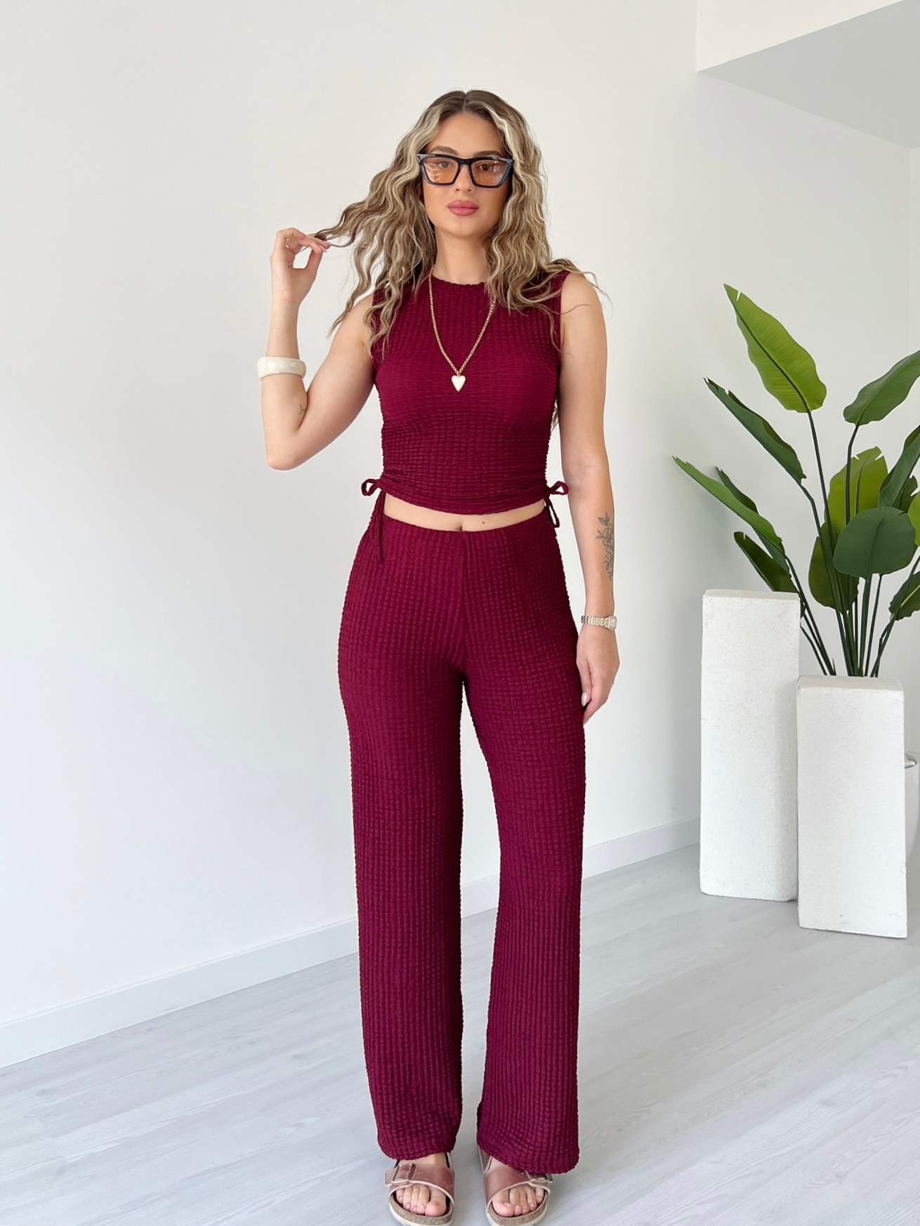 Bubble Kumaş Crop Takım - Bordo
