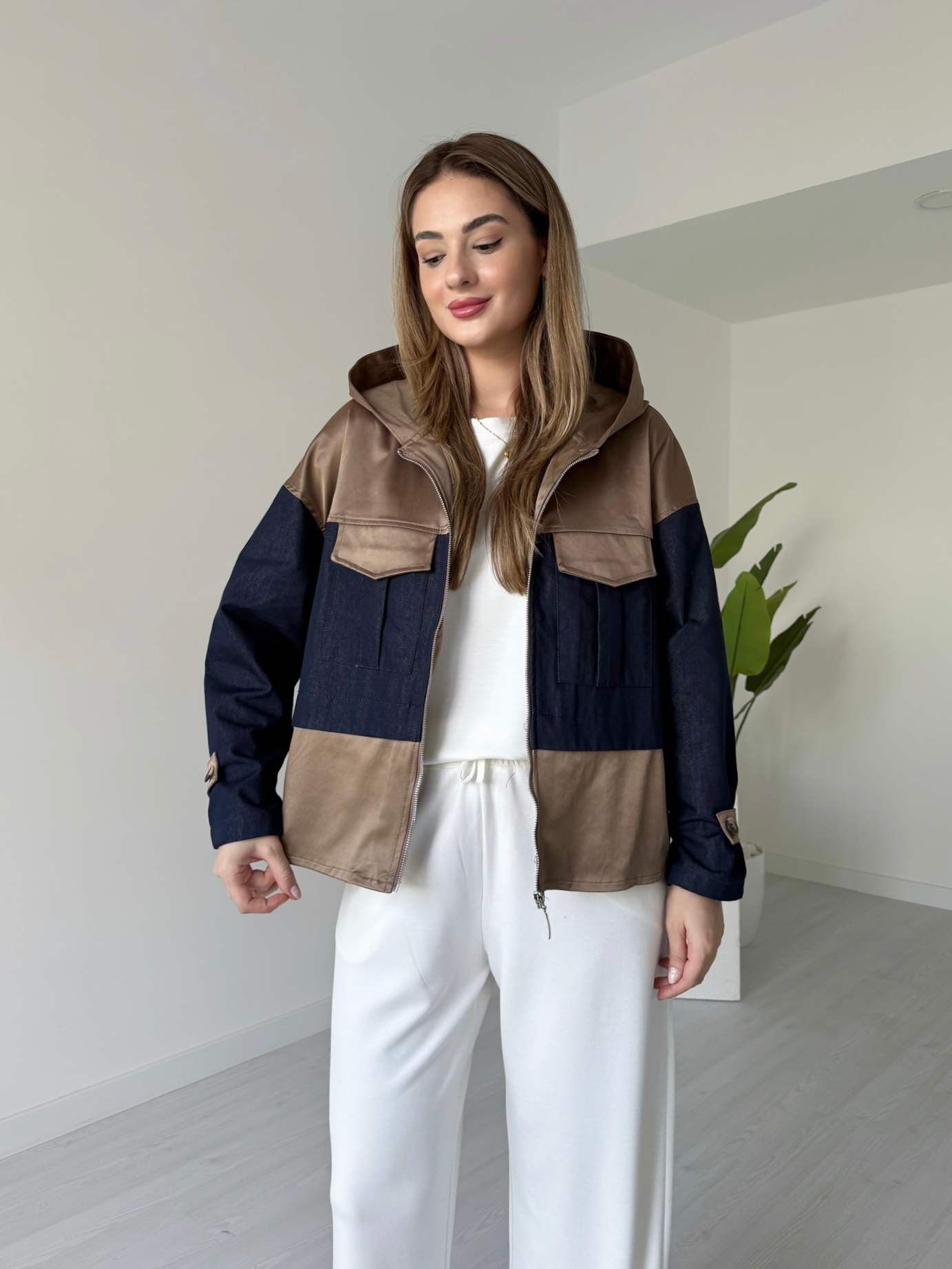 Denim Garnili Kapüşonlu Mont