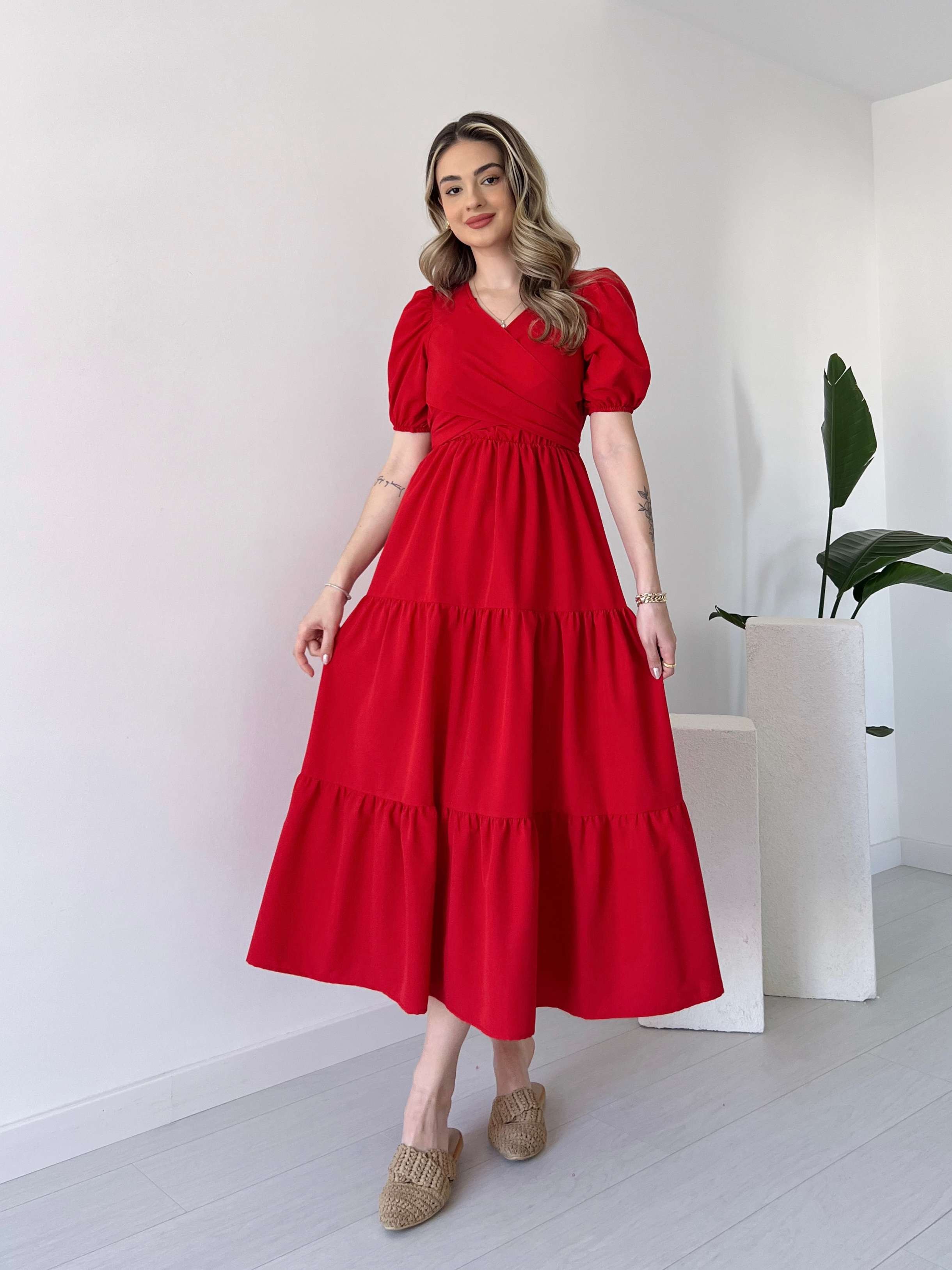 Kurdeleli Poplin Elbise - Kırmızı