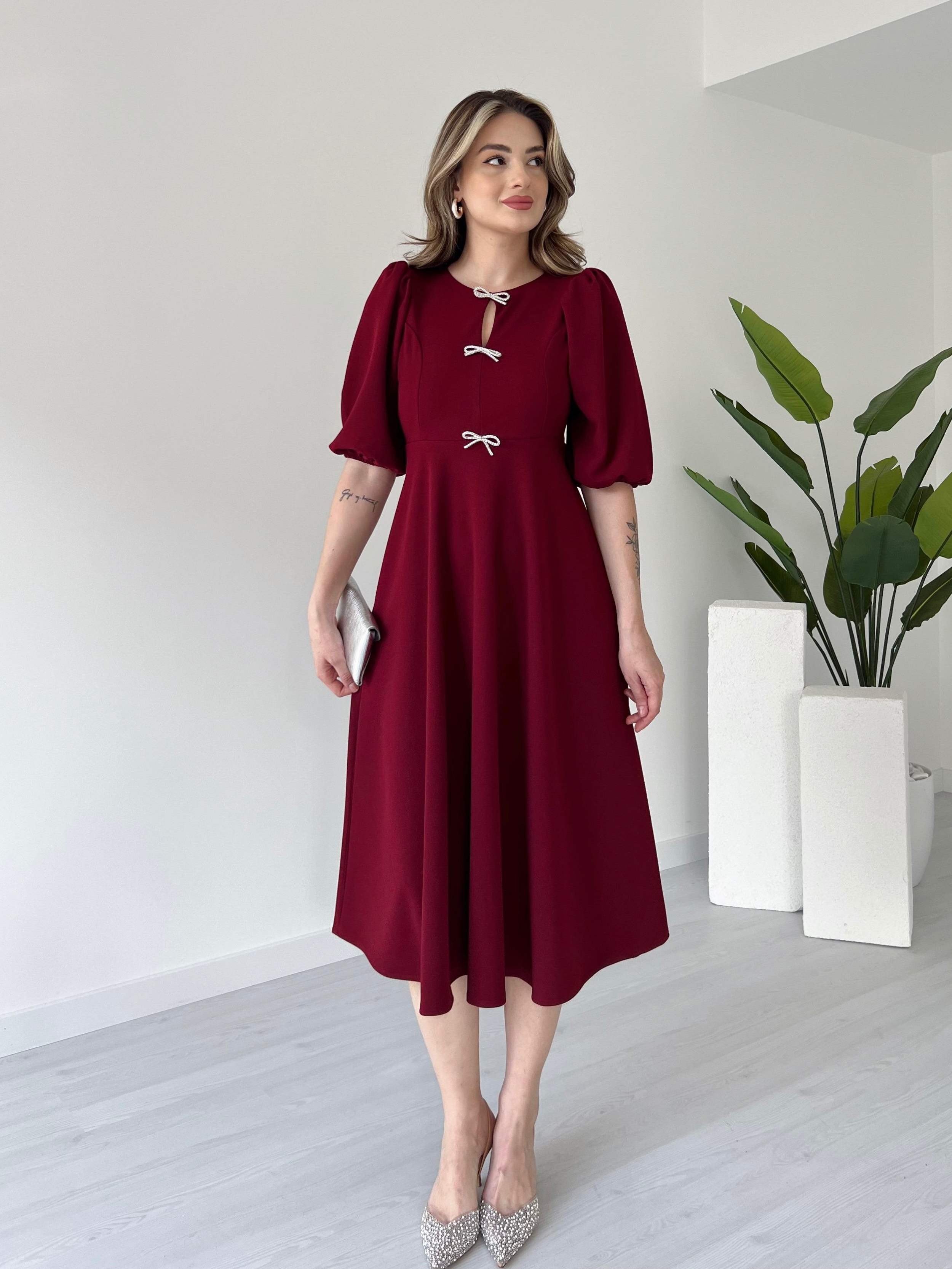 Fiyonk Detaylı Midi Boy Elbise - Bordo