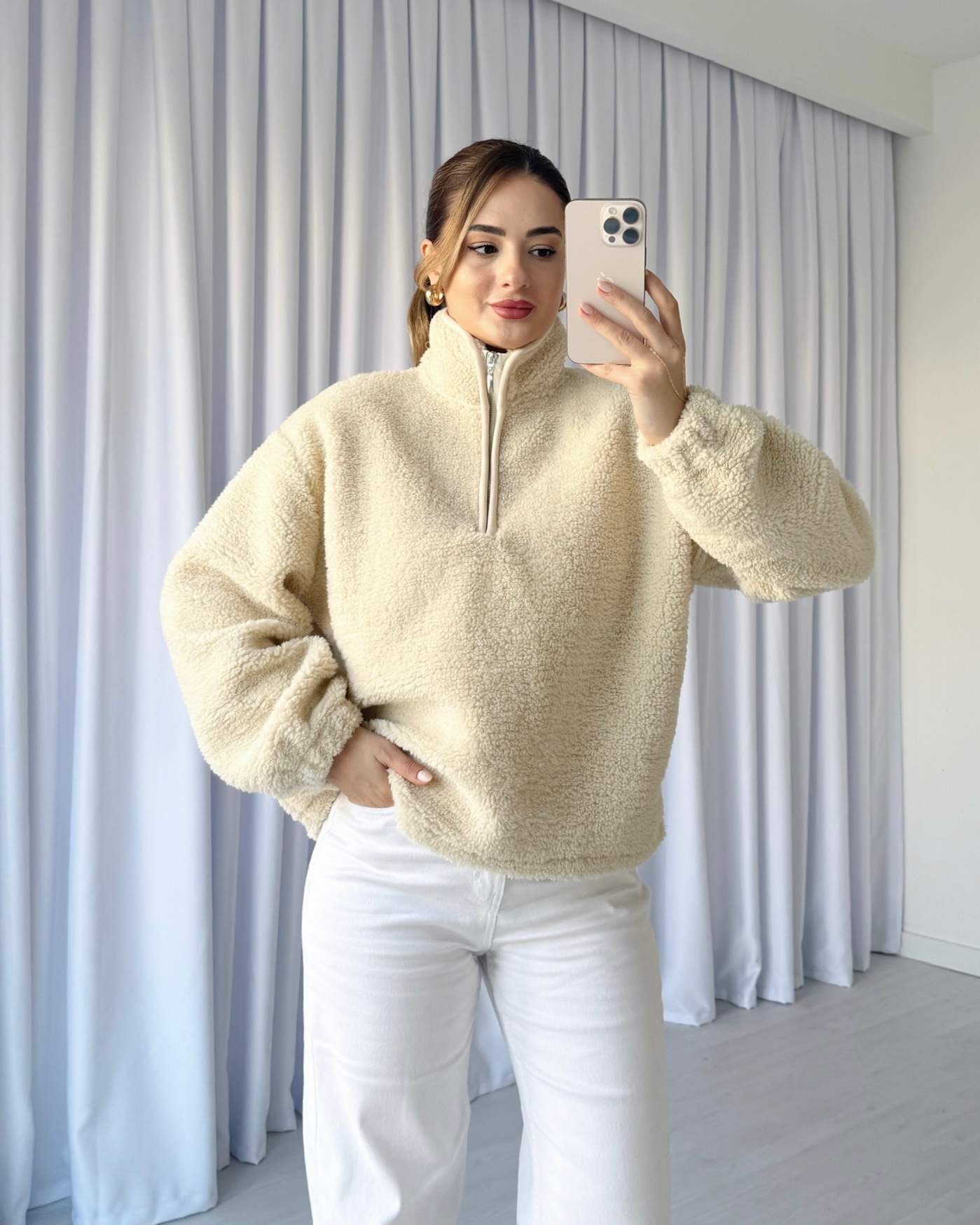 Yaka Fermuarlı Peluş Sweatshirt