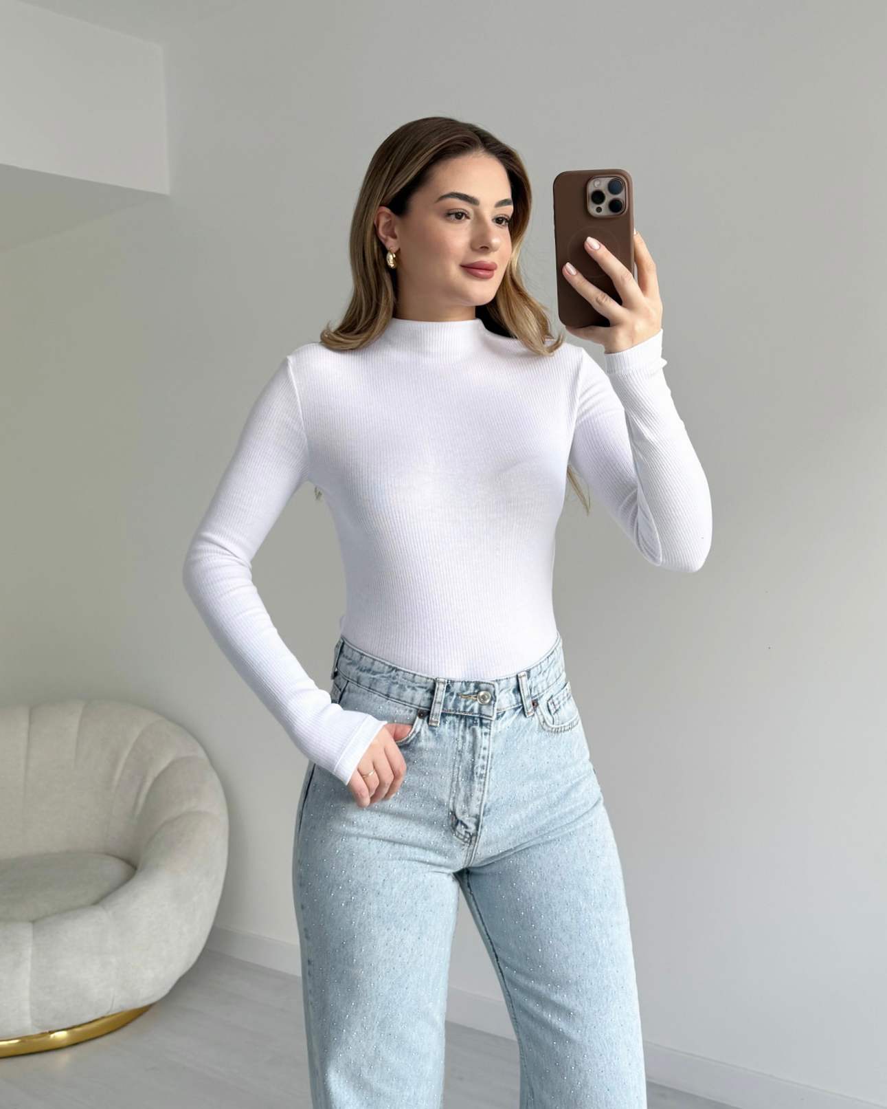 Dik Yaka Fitilli Penye Body - Beyaz