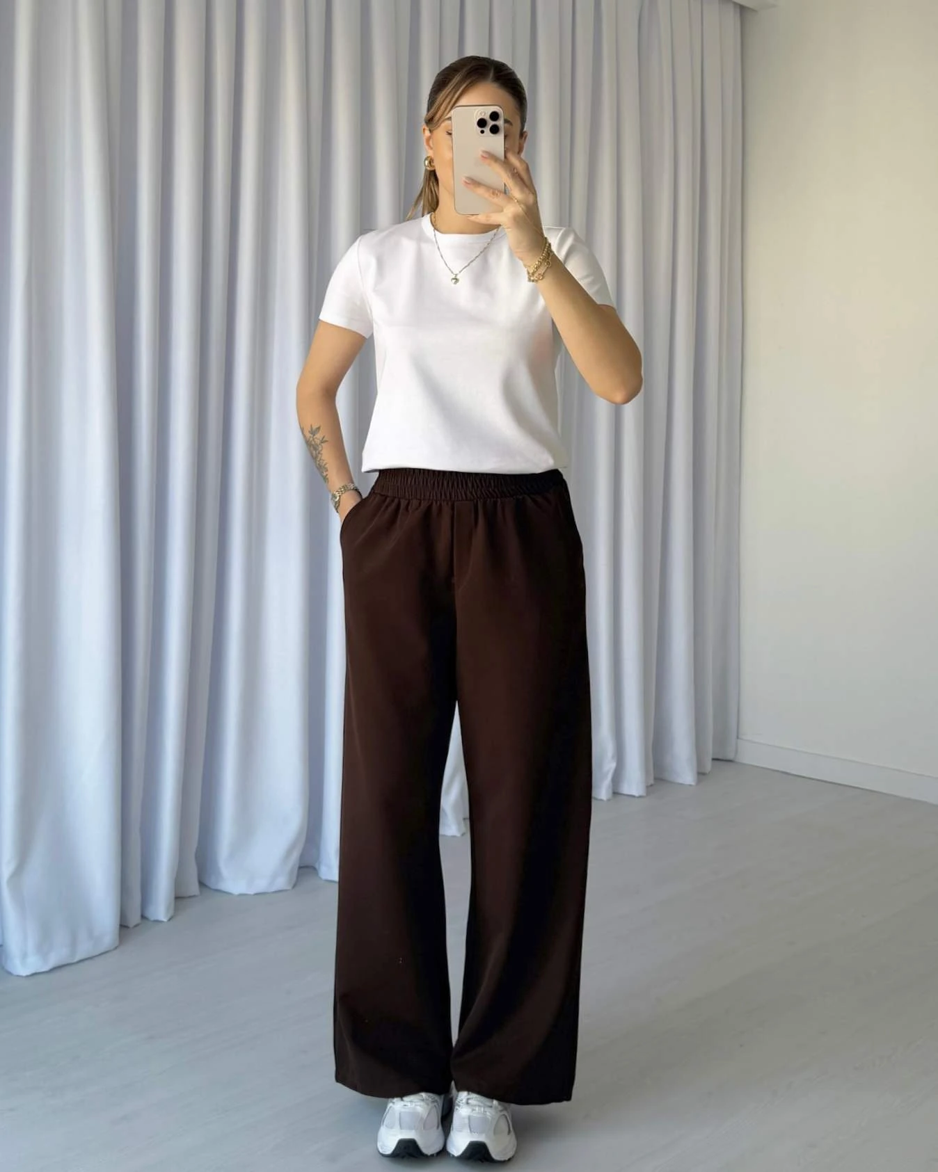 Bol Paça Beli Lastikli Kumaş Pantolon - Kahve