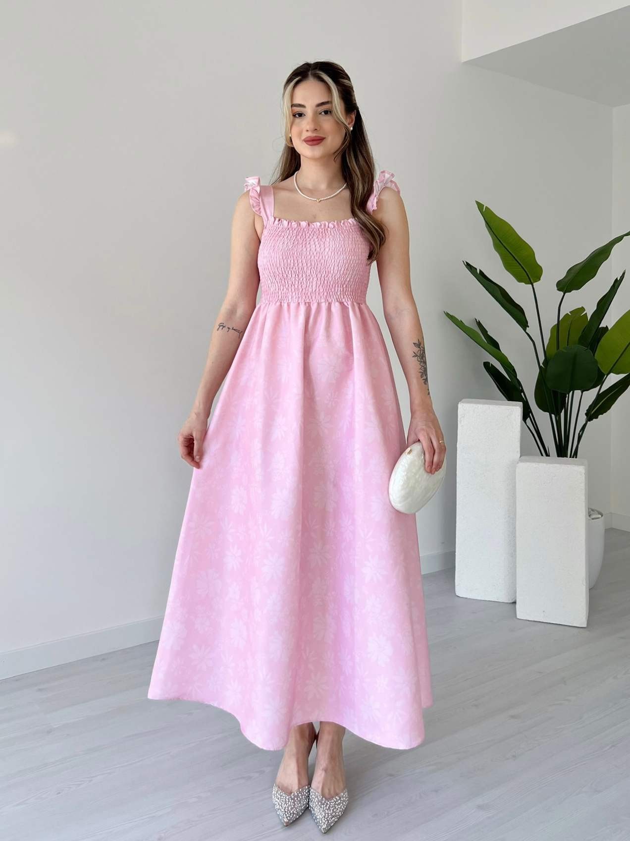 Soluk Efektli Gipeli Elbise - Pembe