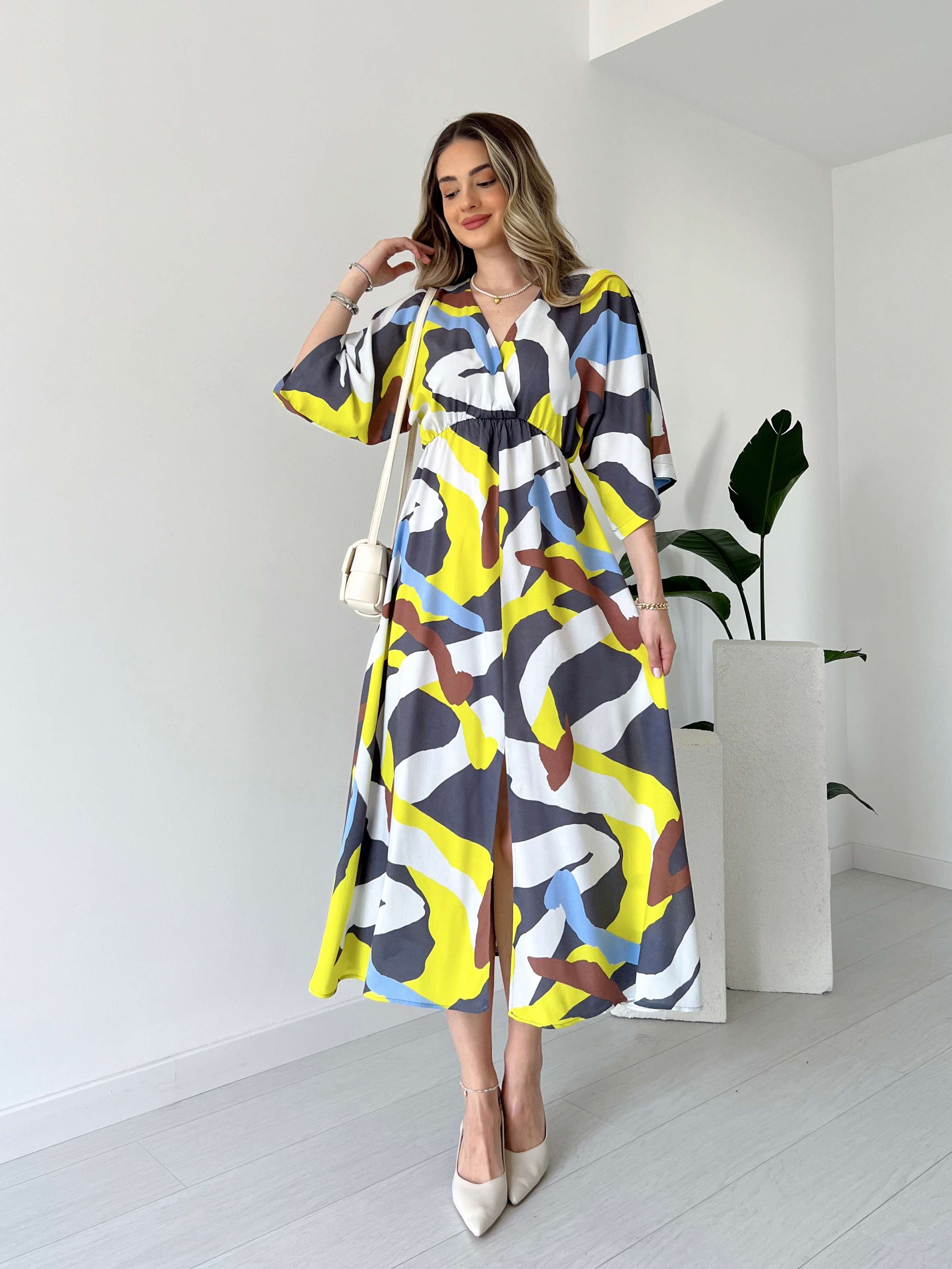 Yarasa Kol Desenli JULY Elbise - Sarı