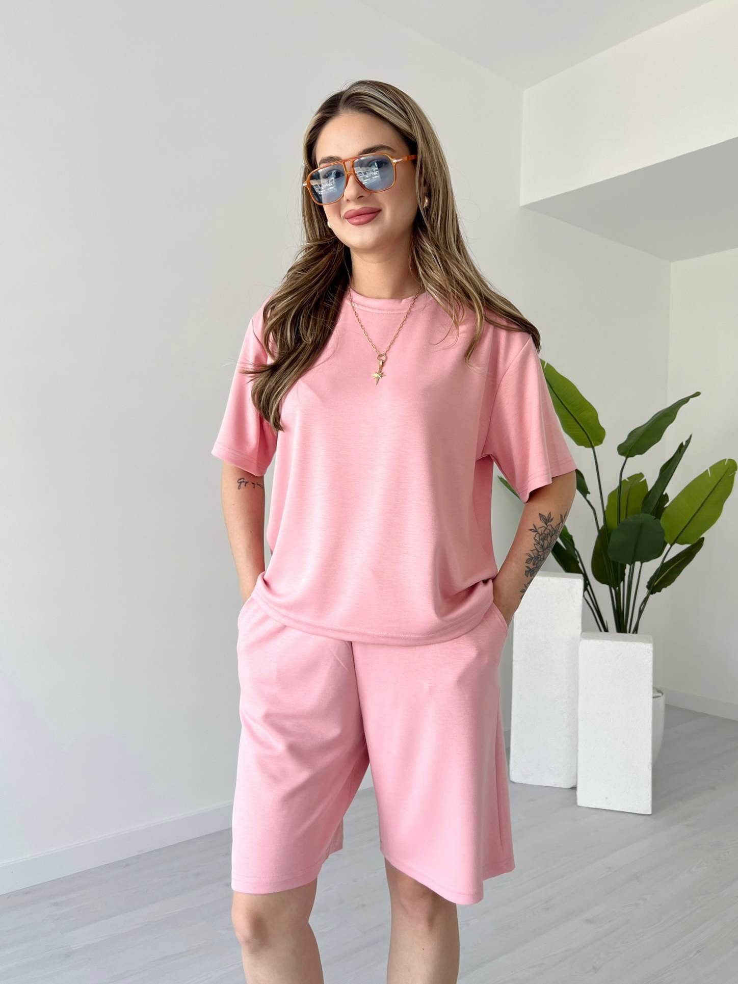 Modal Kumaş Şortlu Takım - Pembe