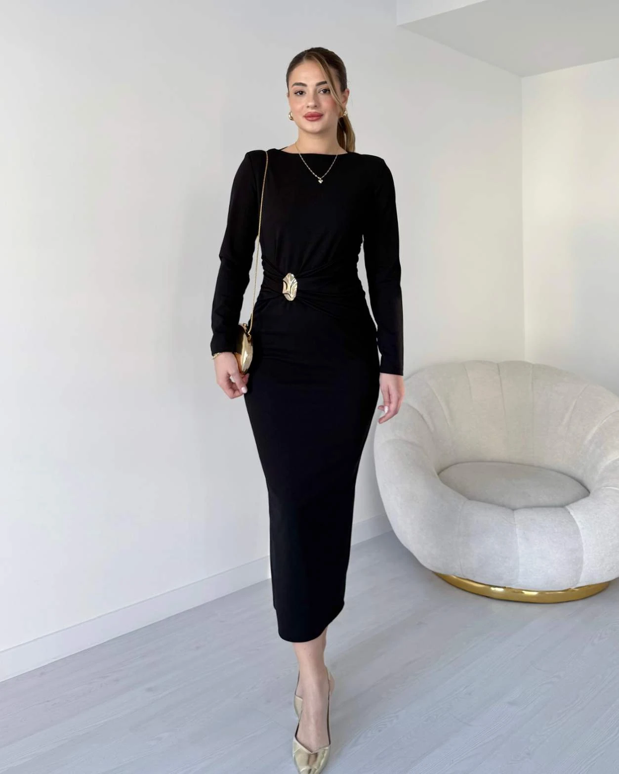 Bel Detaylı Midi Boy VICTOR Elbise