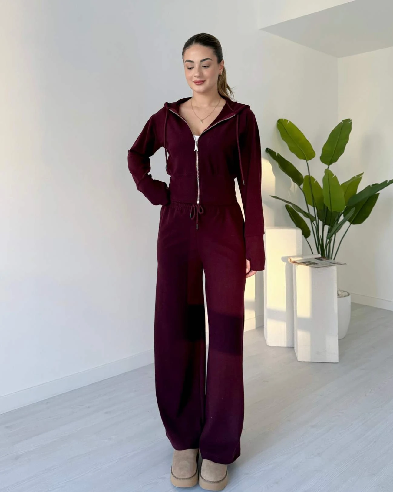 Selanik Kumaş Parmak Geçmeli İkili Takım - Bordo