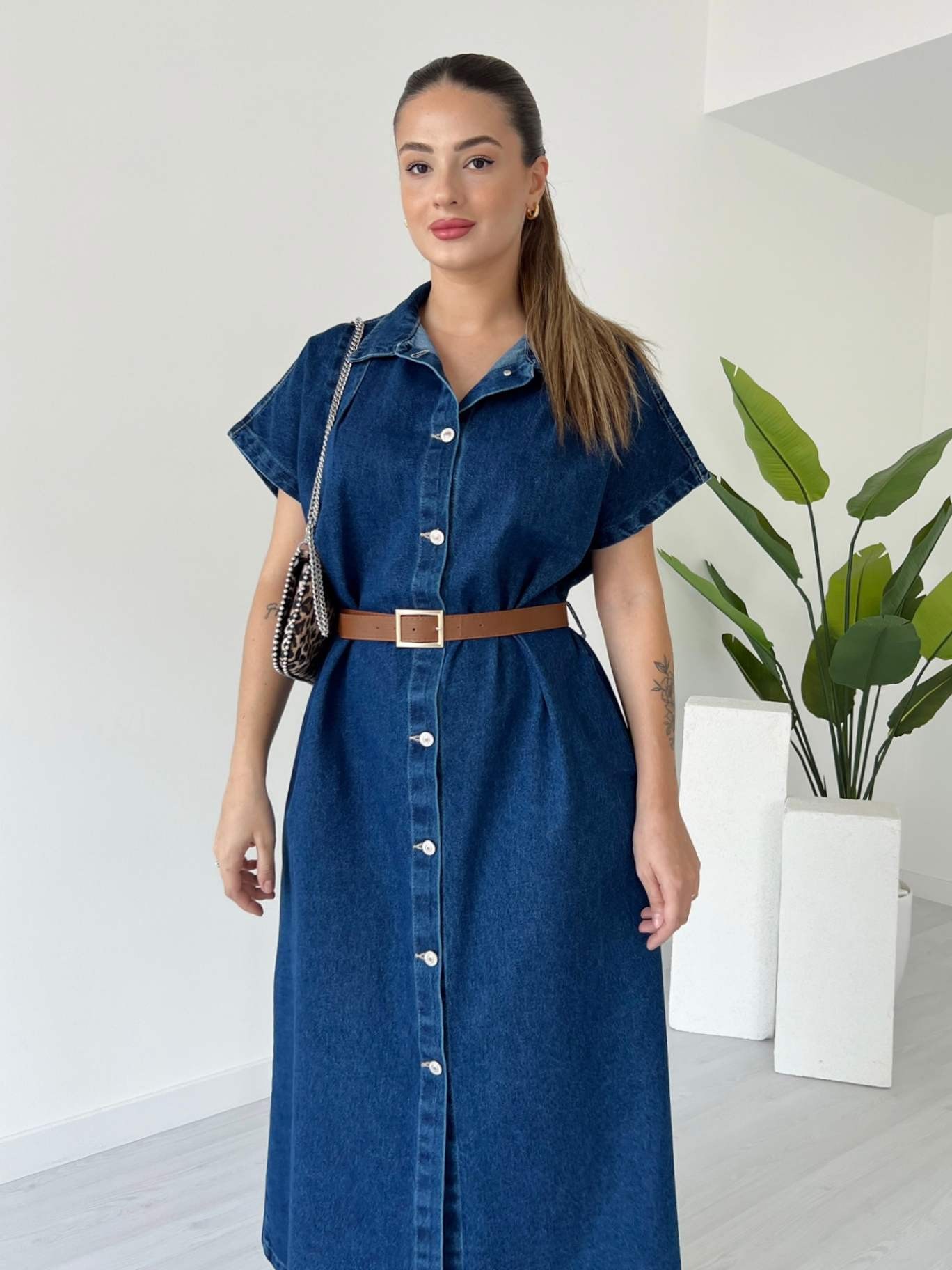 Düşük Kol Kemerli Denim Elbise - Koyu Mavi