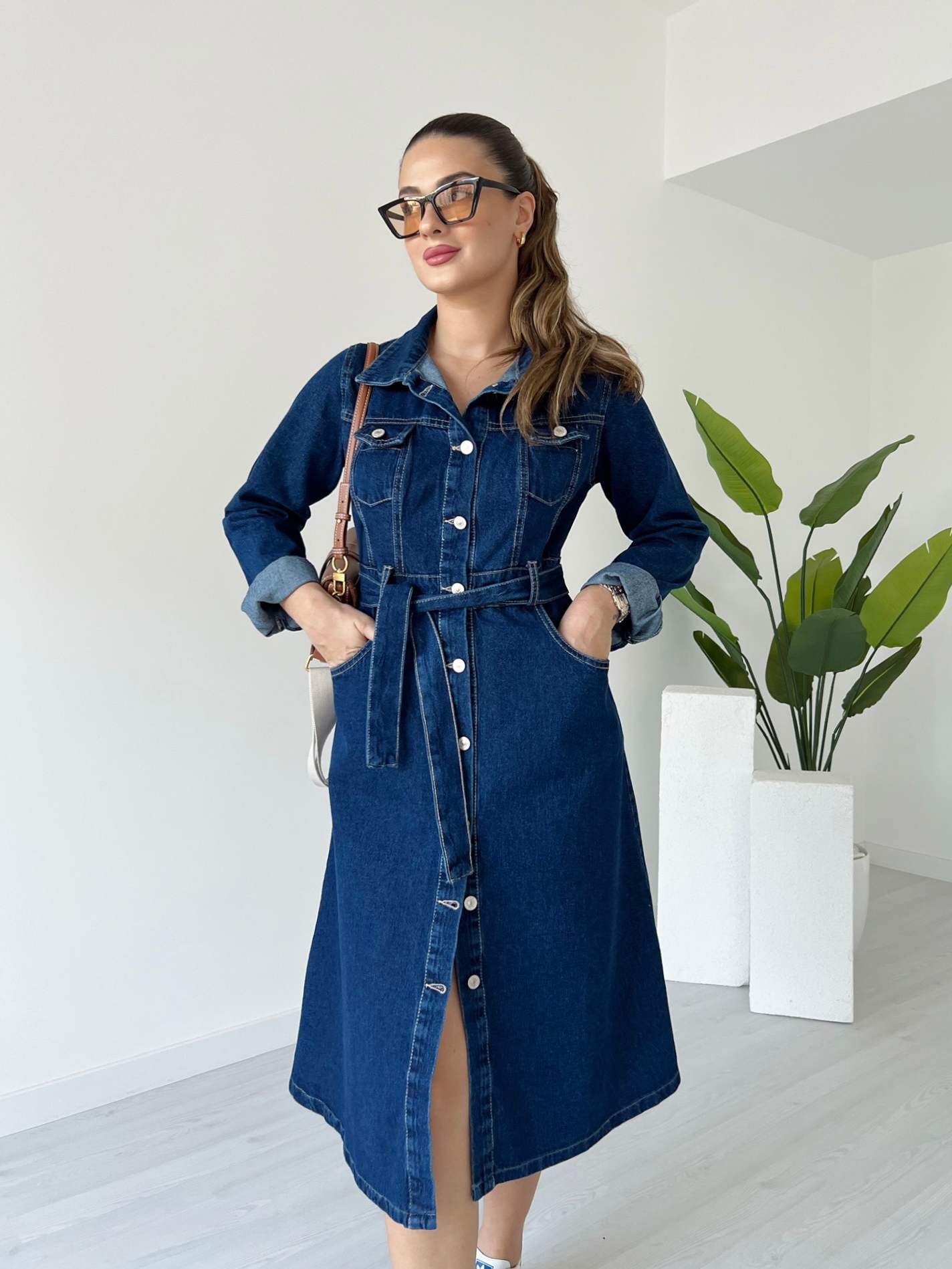 Uzun Kol Kuşaklı Denim Elbise
