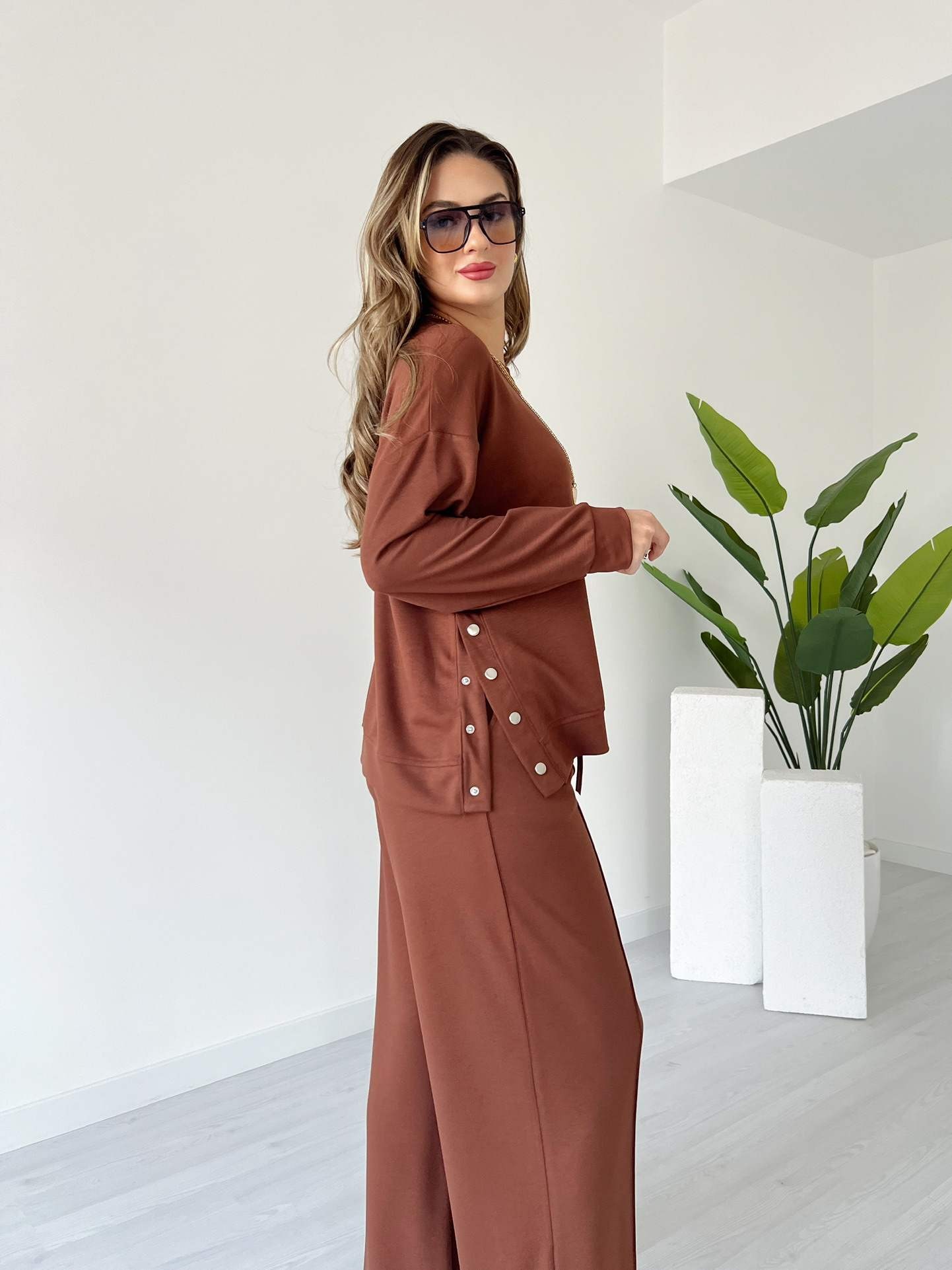 Modal Kumaş Çıtçıtlı Takım - Kahve