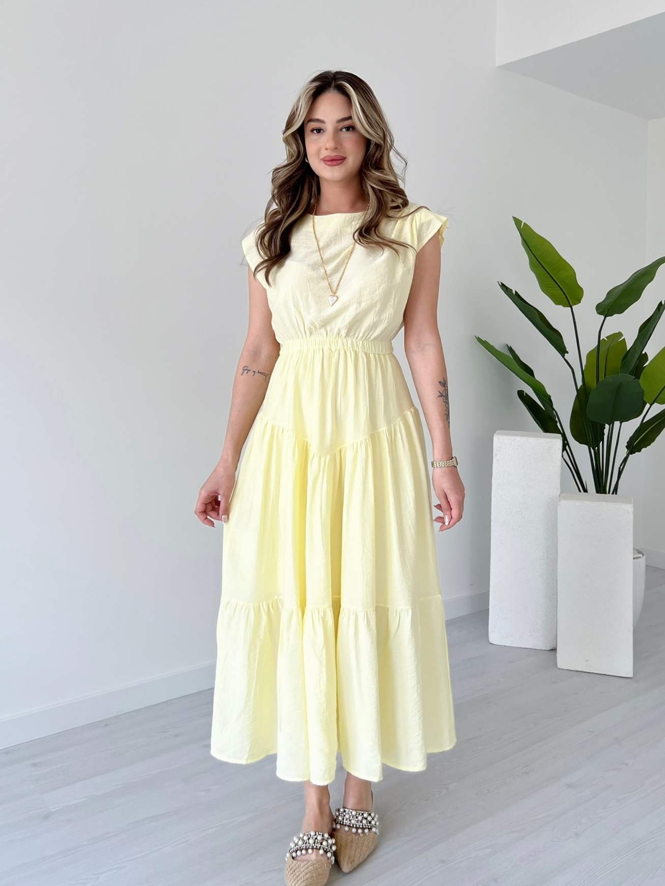 Beli Lastikli Midi Boy BORRİS Elbise - Sarı
