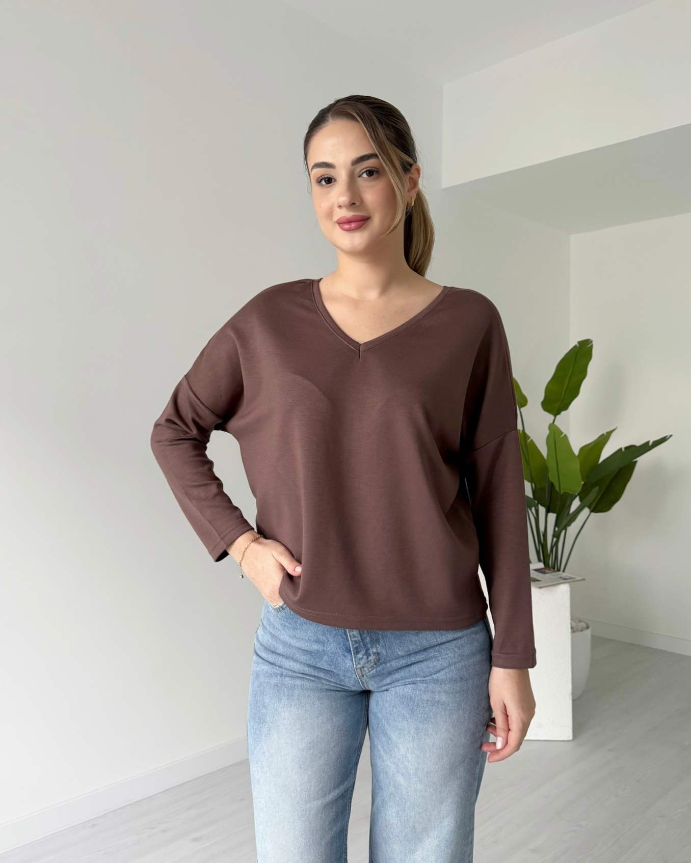 Ön Arka V Modal Bluz - Kahve