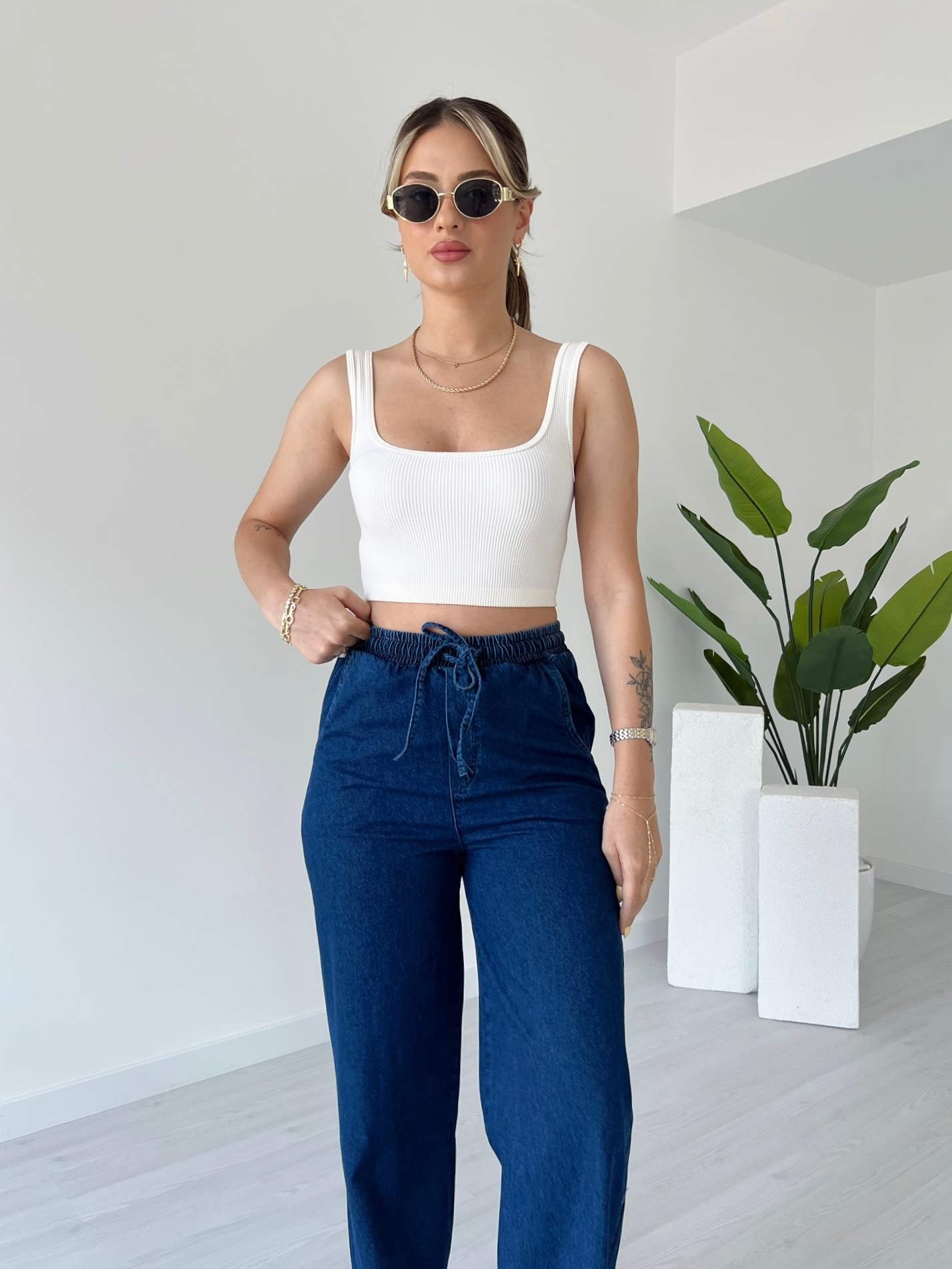 Beli Lastikli Bol Paça Denim Pantolon