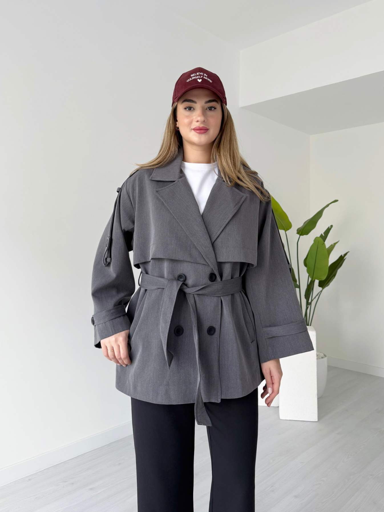 Oversize Kuşaklı Antrasit Trençkot