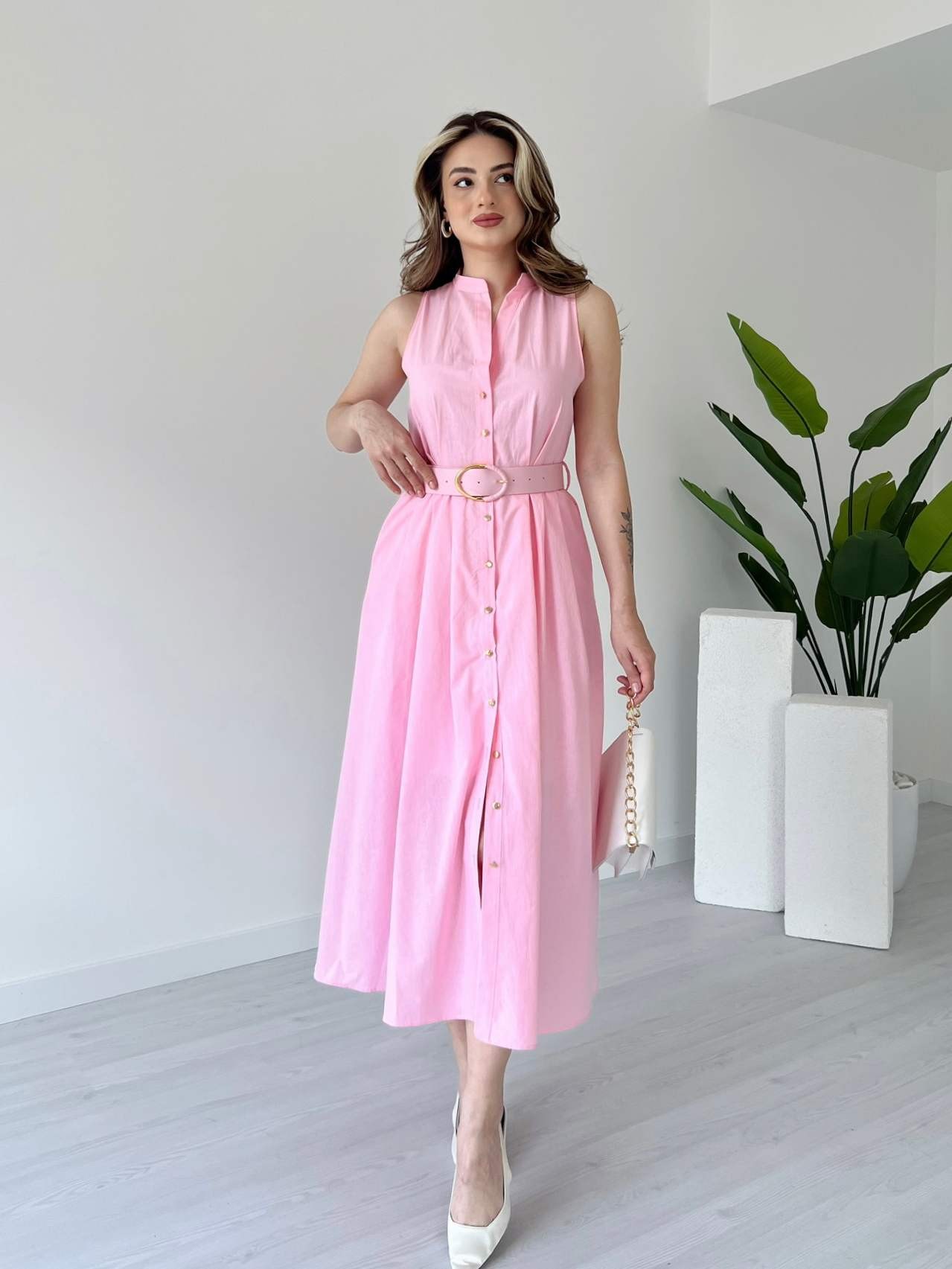 Astarlı Midi Boy Poplin Elbise - Pembe