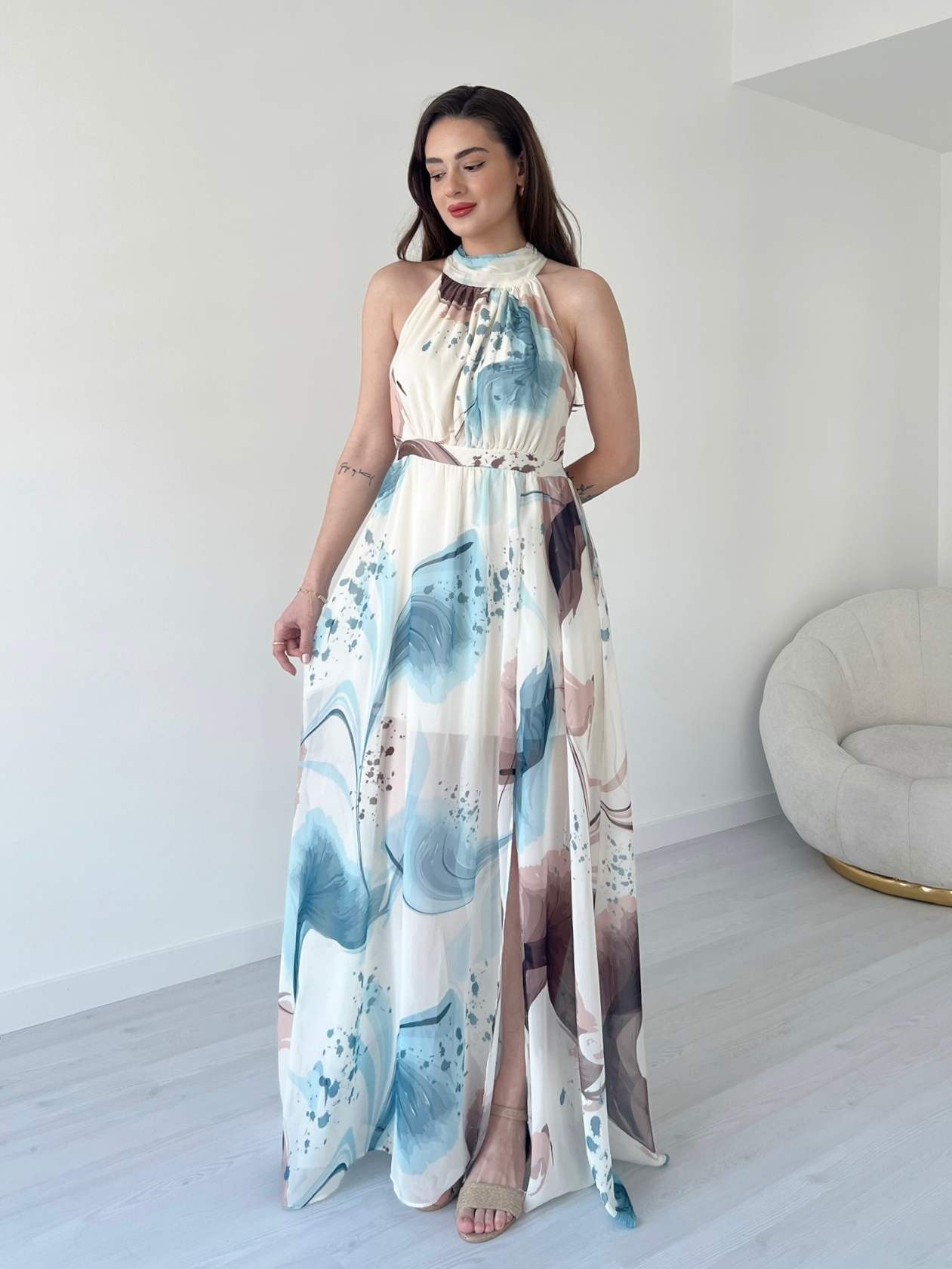 Halter Yaka Desenli ISABELLE Elbise