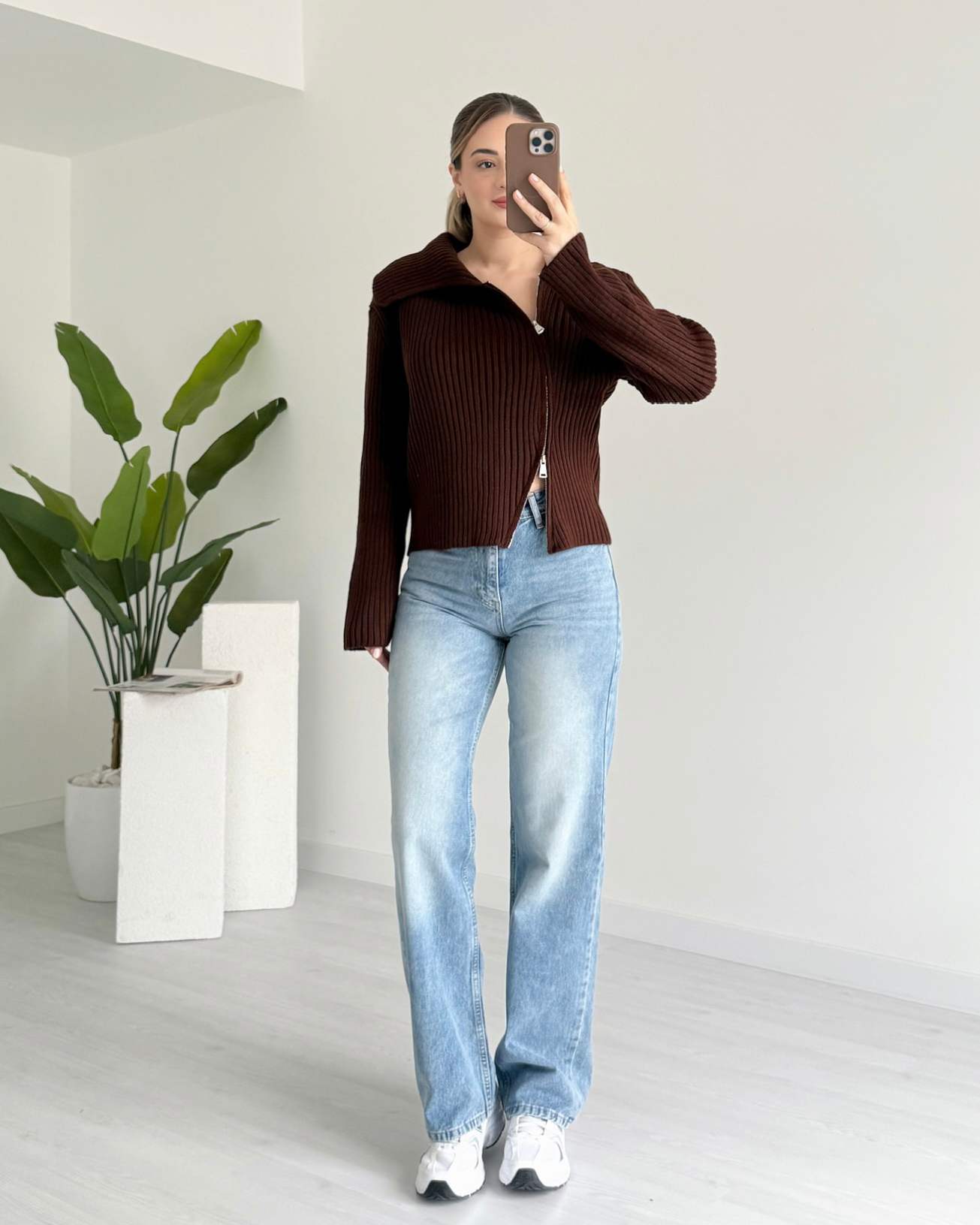 Şal Yaka Asimetrik Fermuarlı Kazak