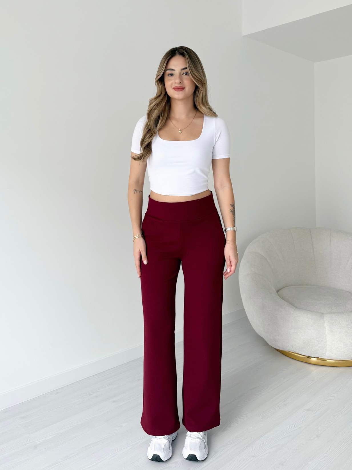 Korse Detaylı Likralı Palazzo Pantolon - Bordo