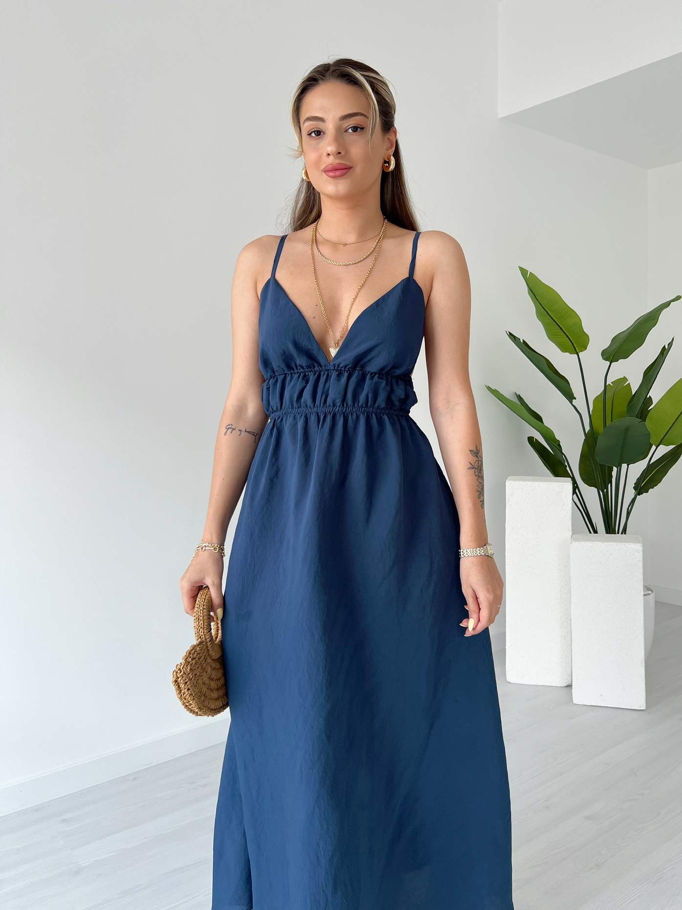 Sırt Detay Beli Gipeli Poplin Elbise