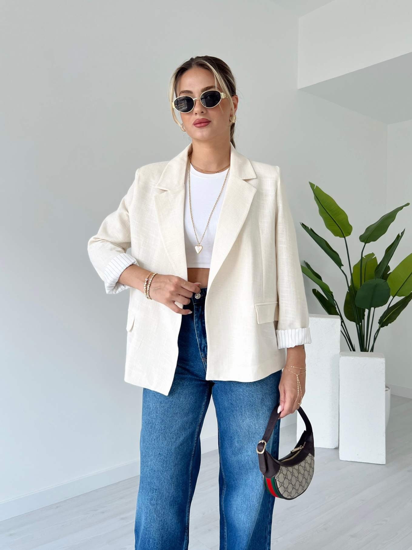 Astarlı Keten Blazer Ceket - Krem