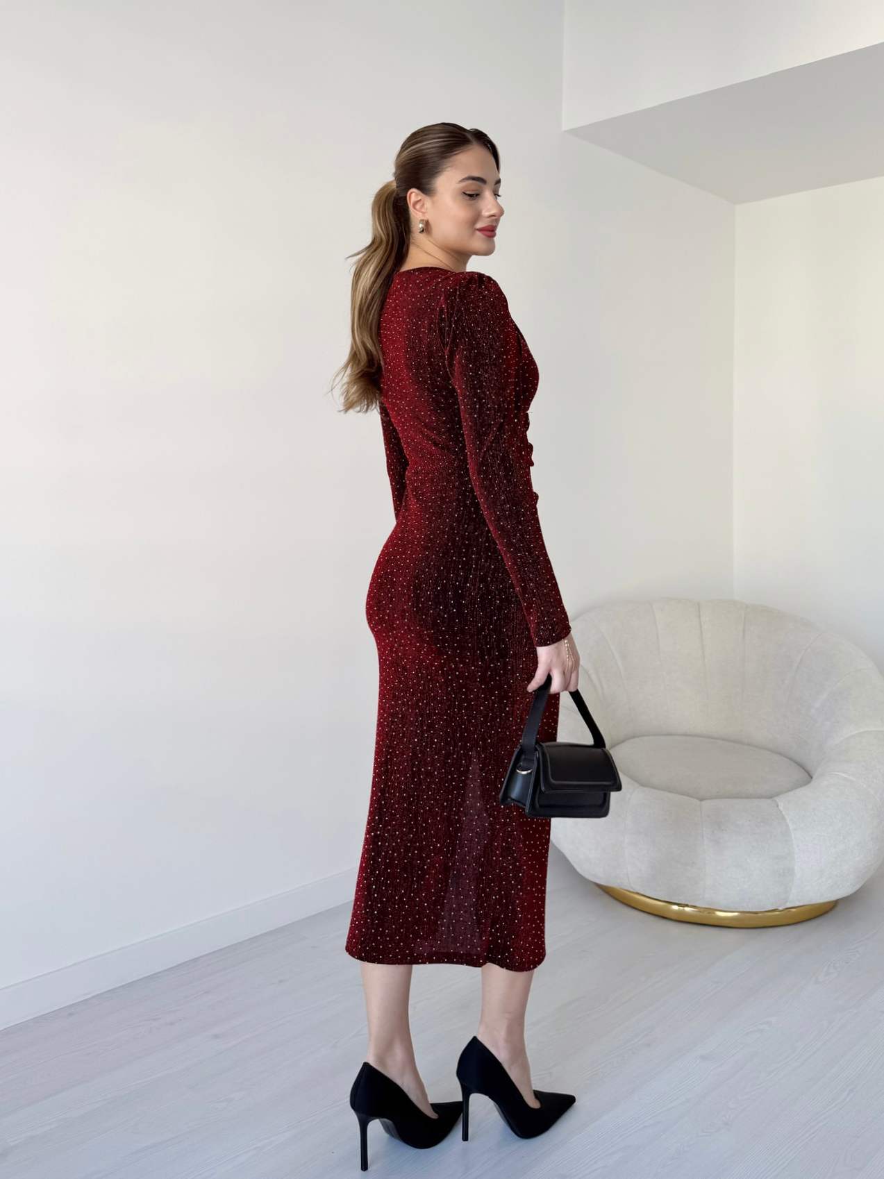 Kruvaze Yaka Taşlı Tasarım Elbise