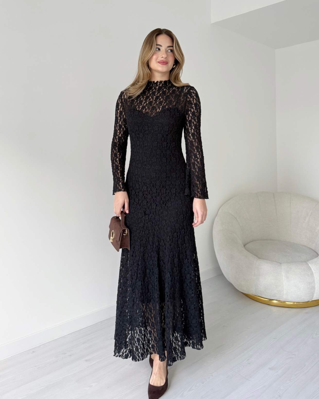 Eteği Volanlı MAURO Dantel Elbise - Siyah