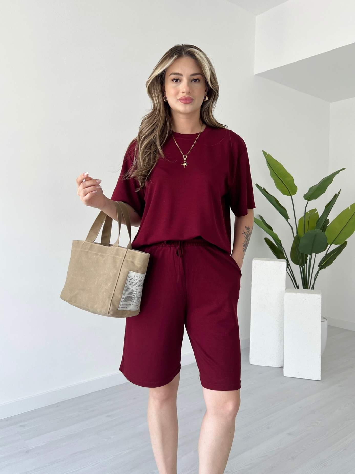 Modal Kumaş Şortlu Takım - Bordo