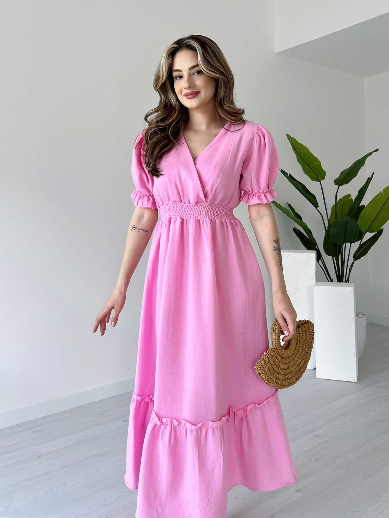 Bel Gipeli Karpuz Kol Müslin Elbise - Pembe