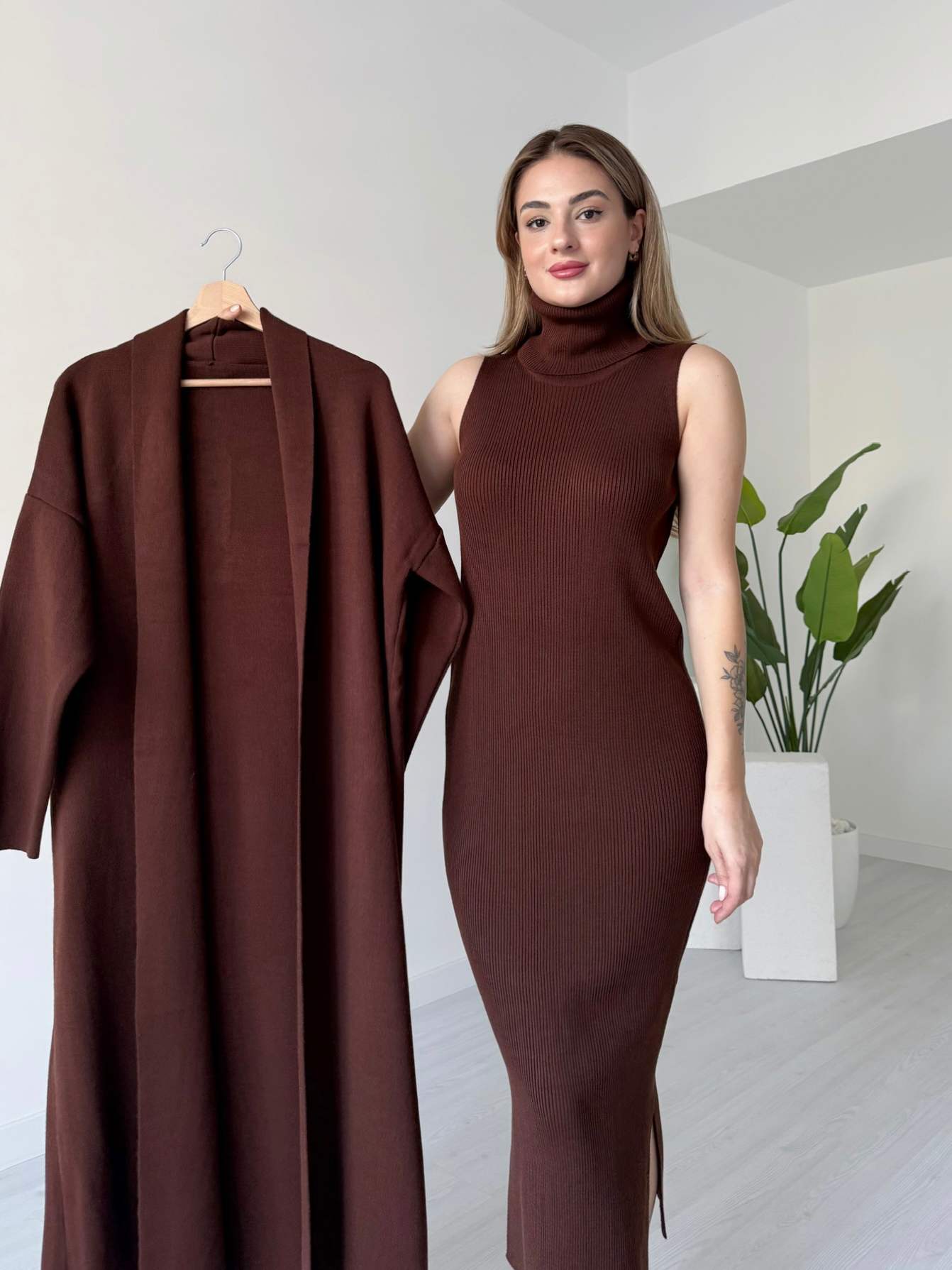 Acı Kahve Elbise Hırka Takım