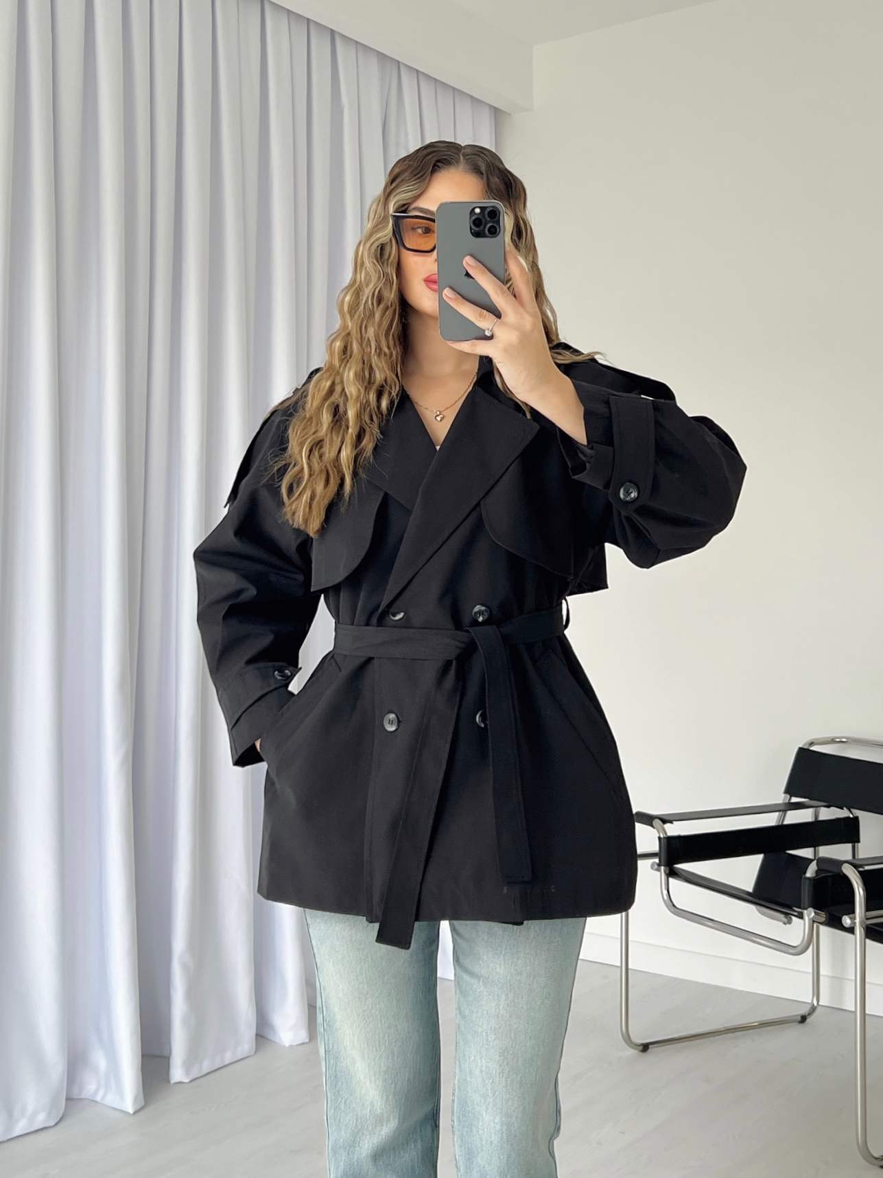 Oversize Astarlı Kısa Trençkot