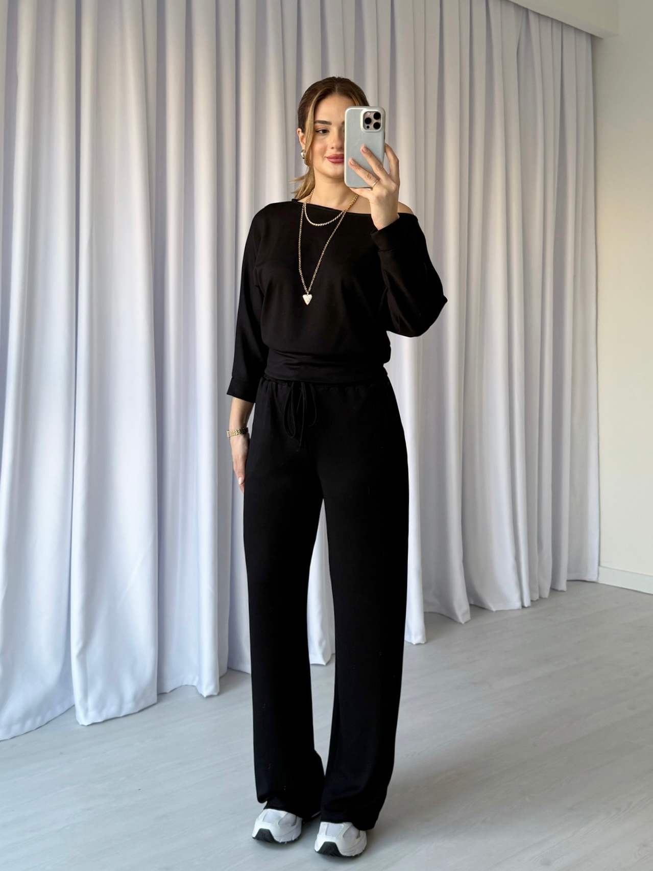 Kayık Yaka İkili Modal Takım - Siyah