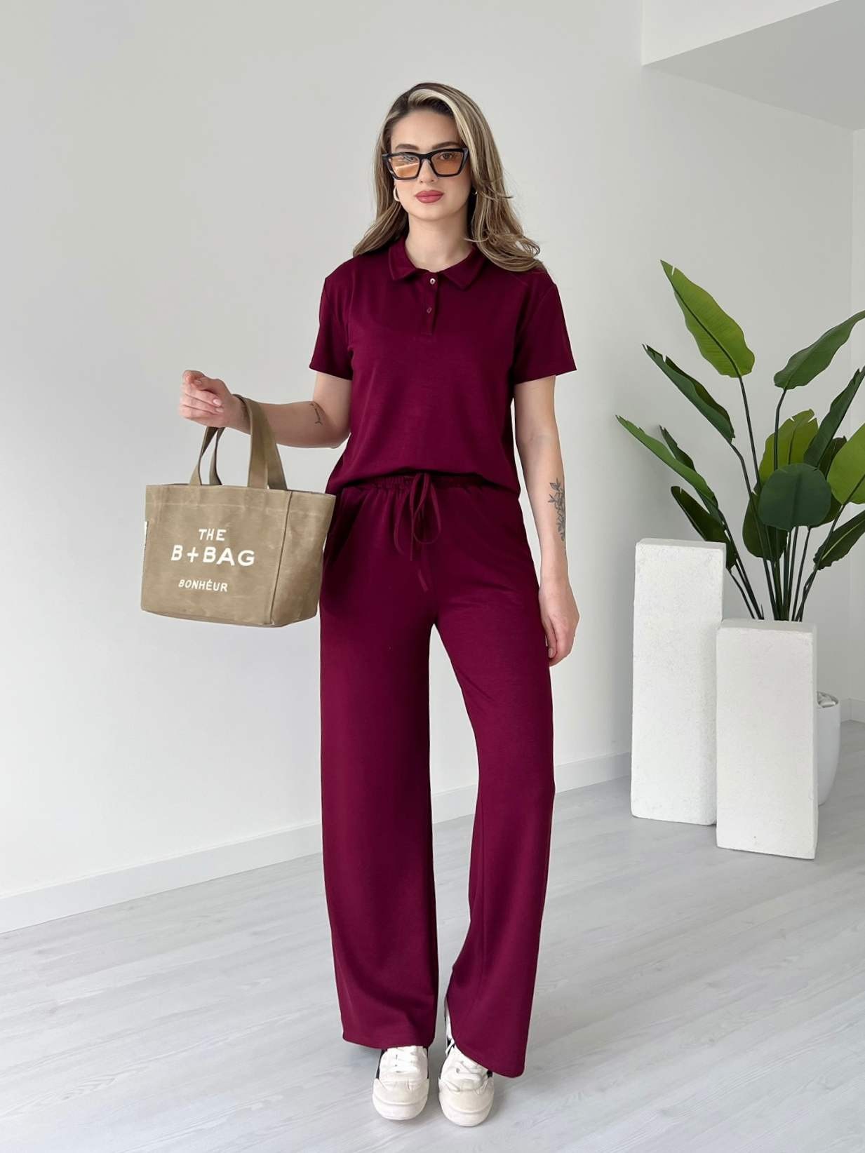 Polo Yaka Kısa Kollu Casual Takım - Bordo