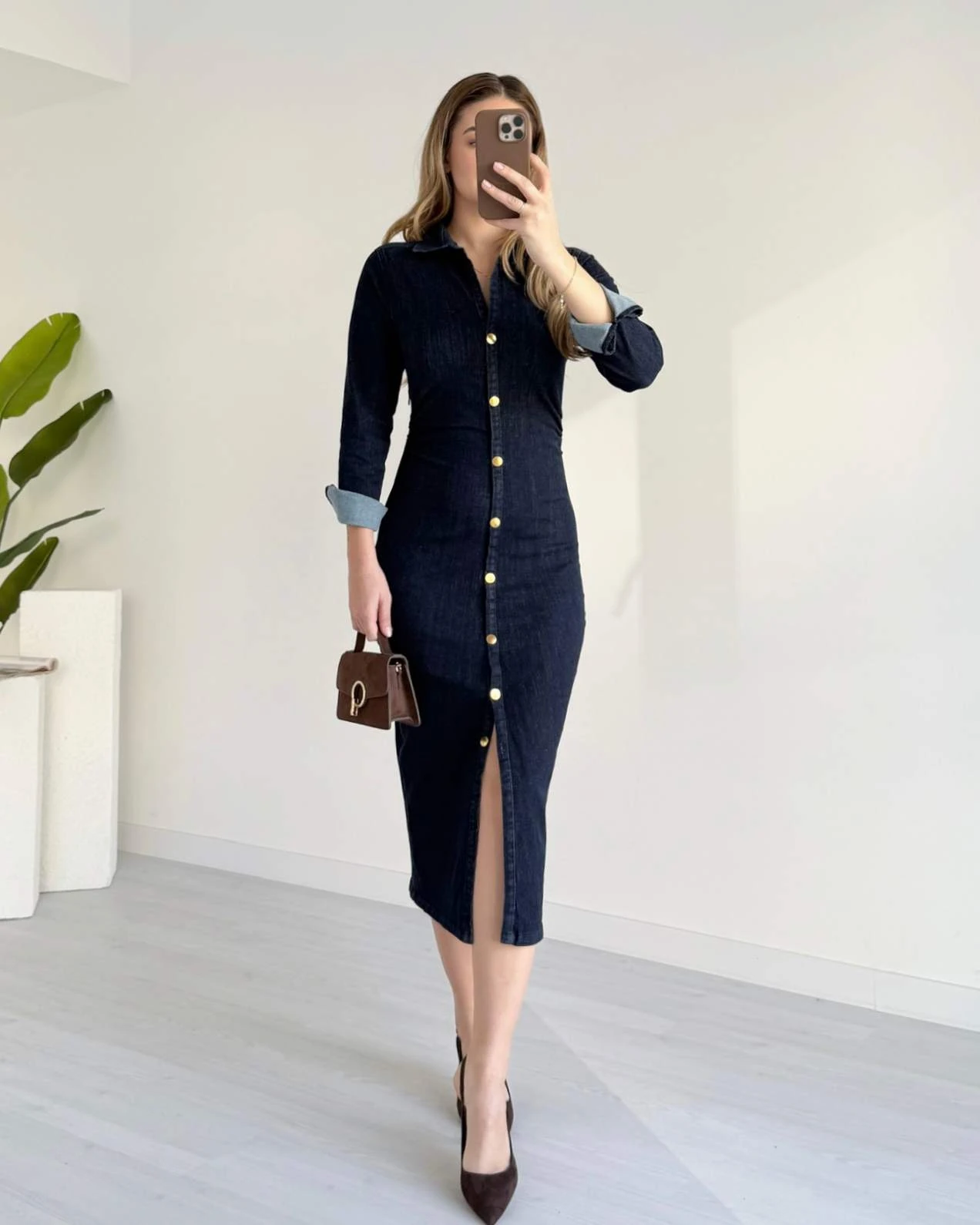 Midi Boy Likralı Denim Elbise