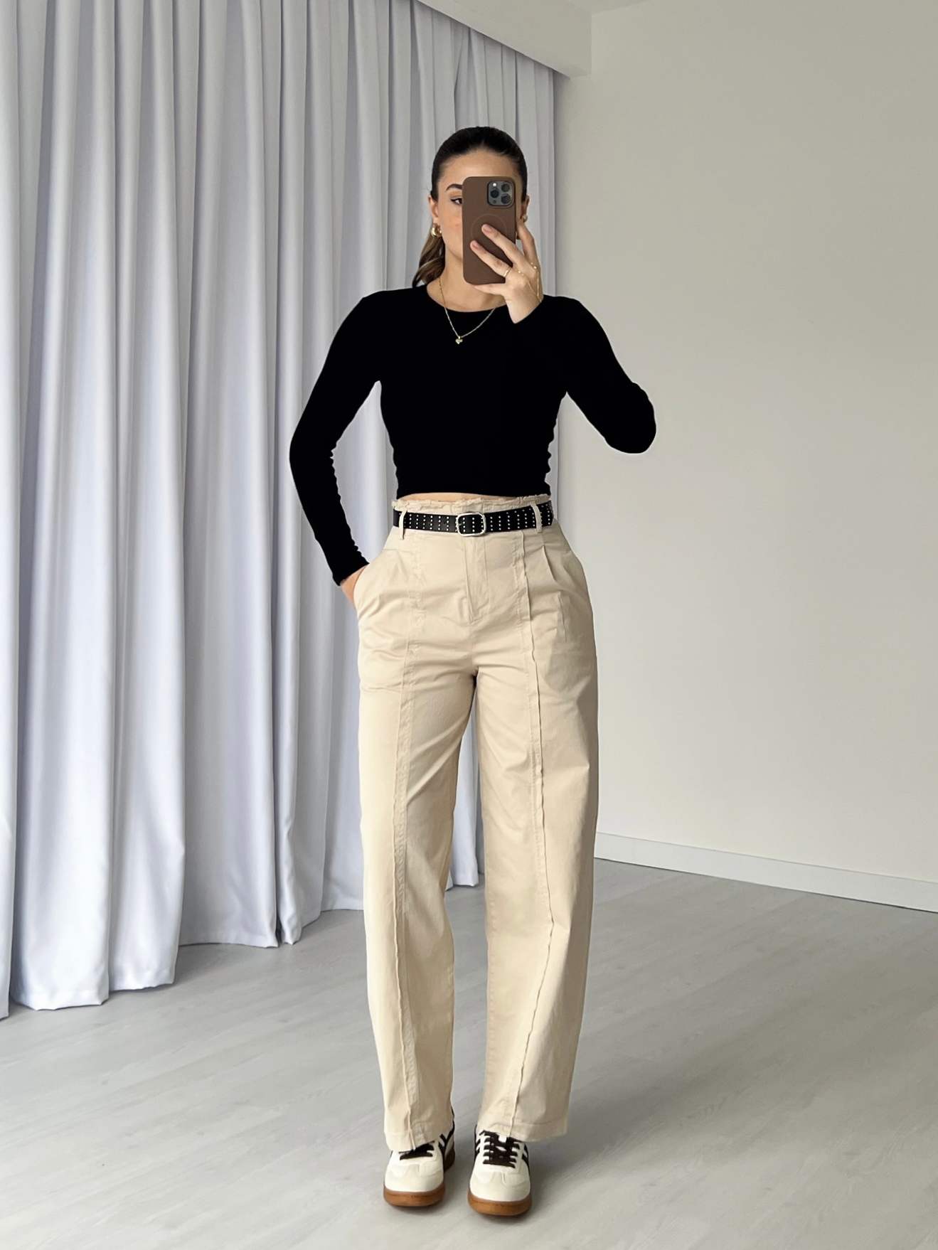 Kemerli Dikiş Detaylı Gabardin Pantolon - Bej