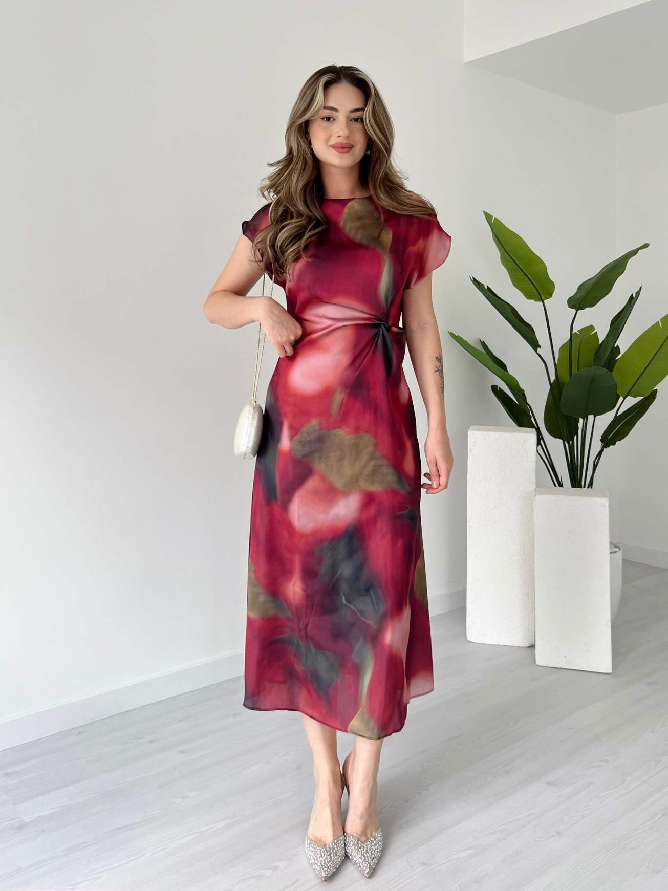 Batik Desen Saten Elbise - Bordo