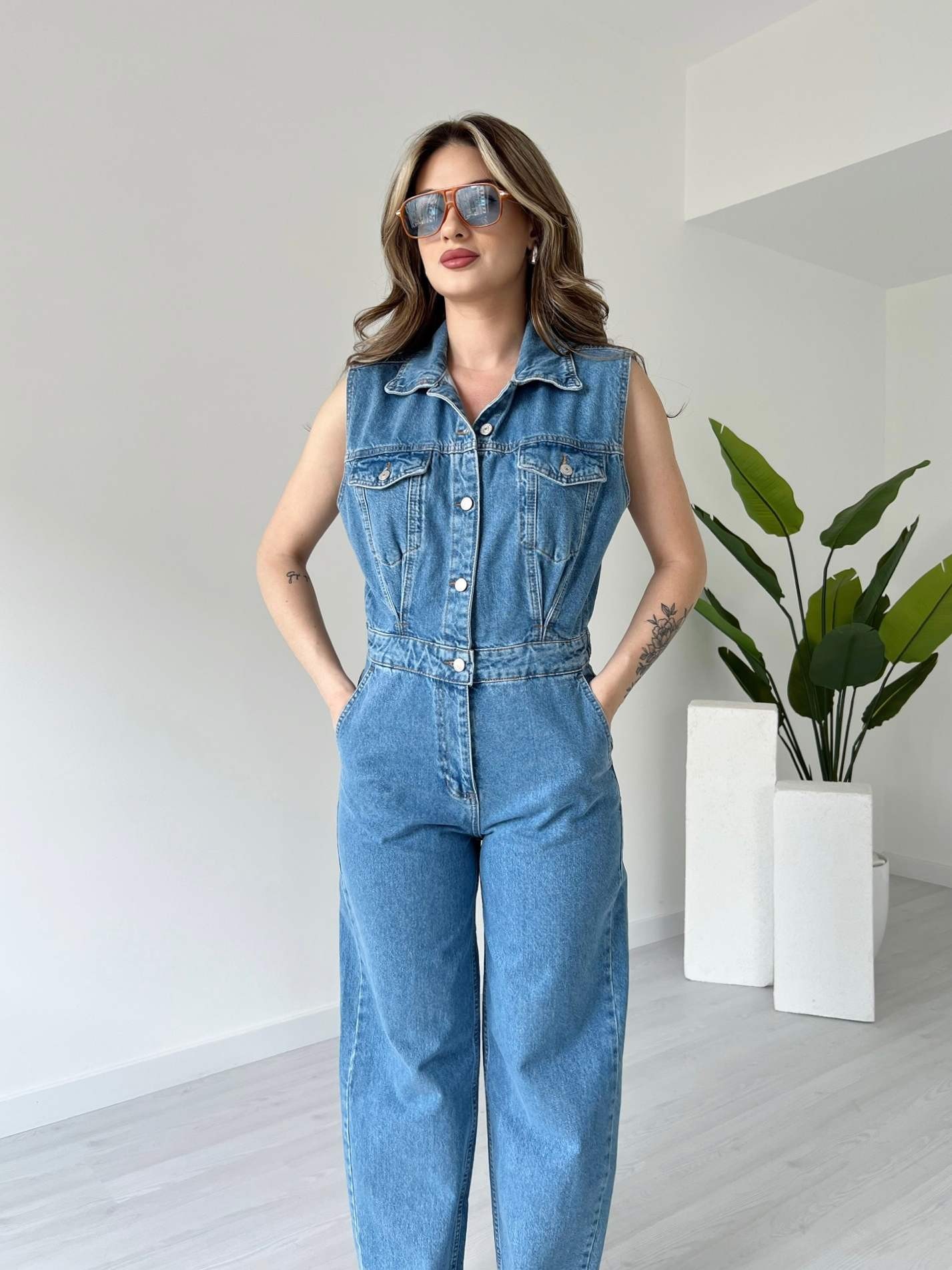 Cepli Denim Tulum - Açık Mavi