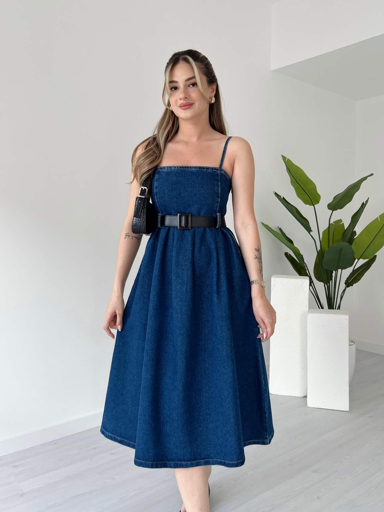 Askılı Denim Elbise - Koyu Mavi