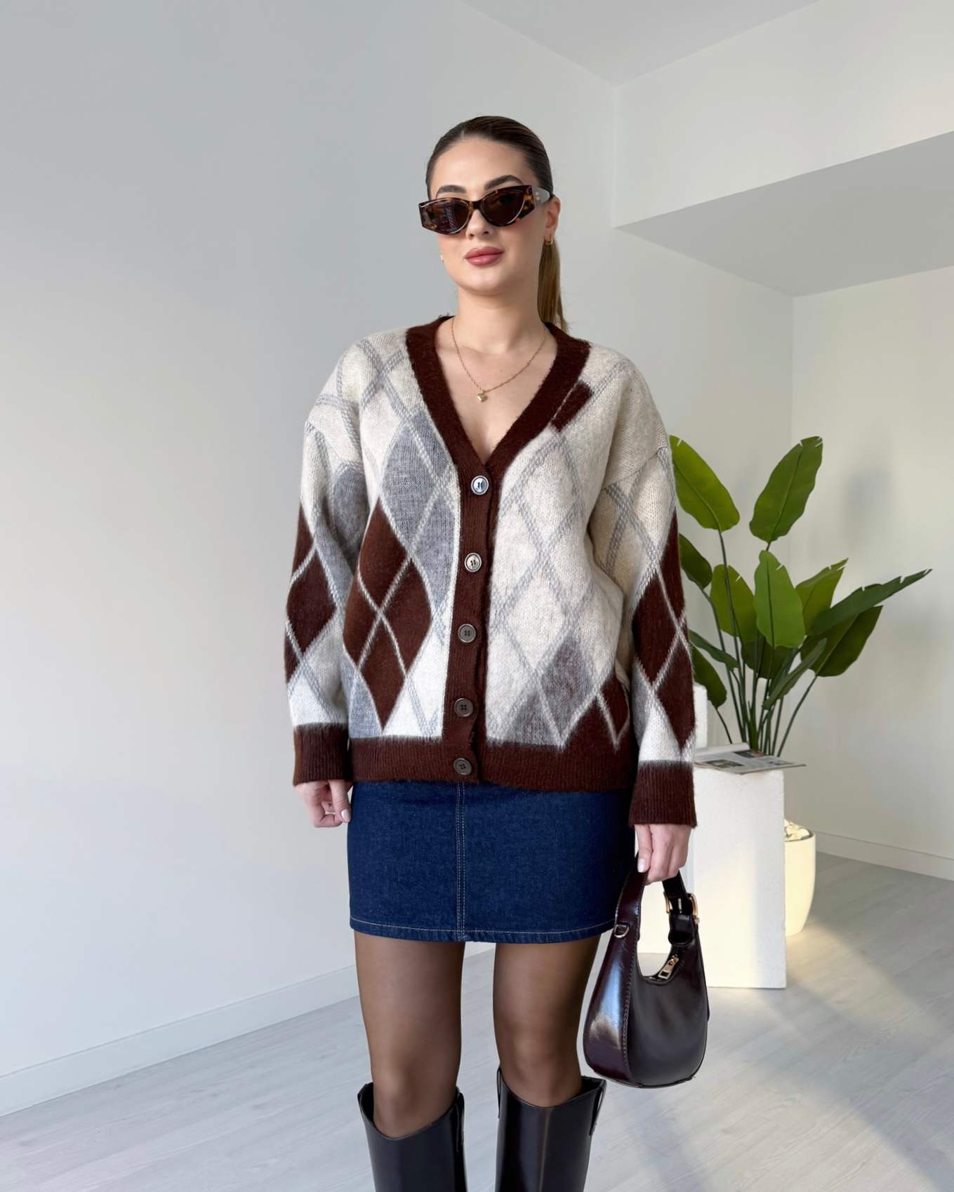 Baklava Desen Dokulu Salaş Hırka - Kahve