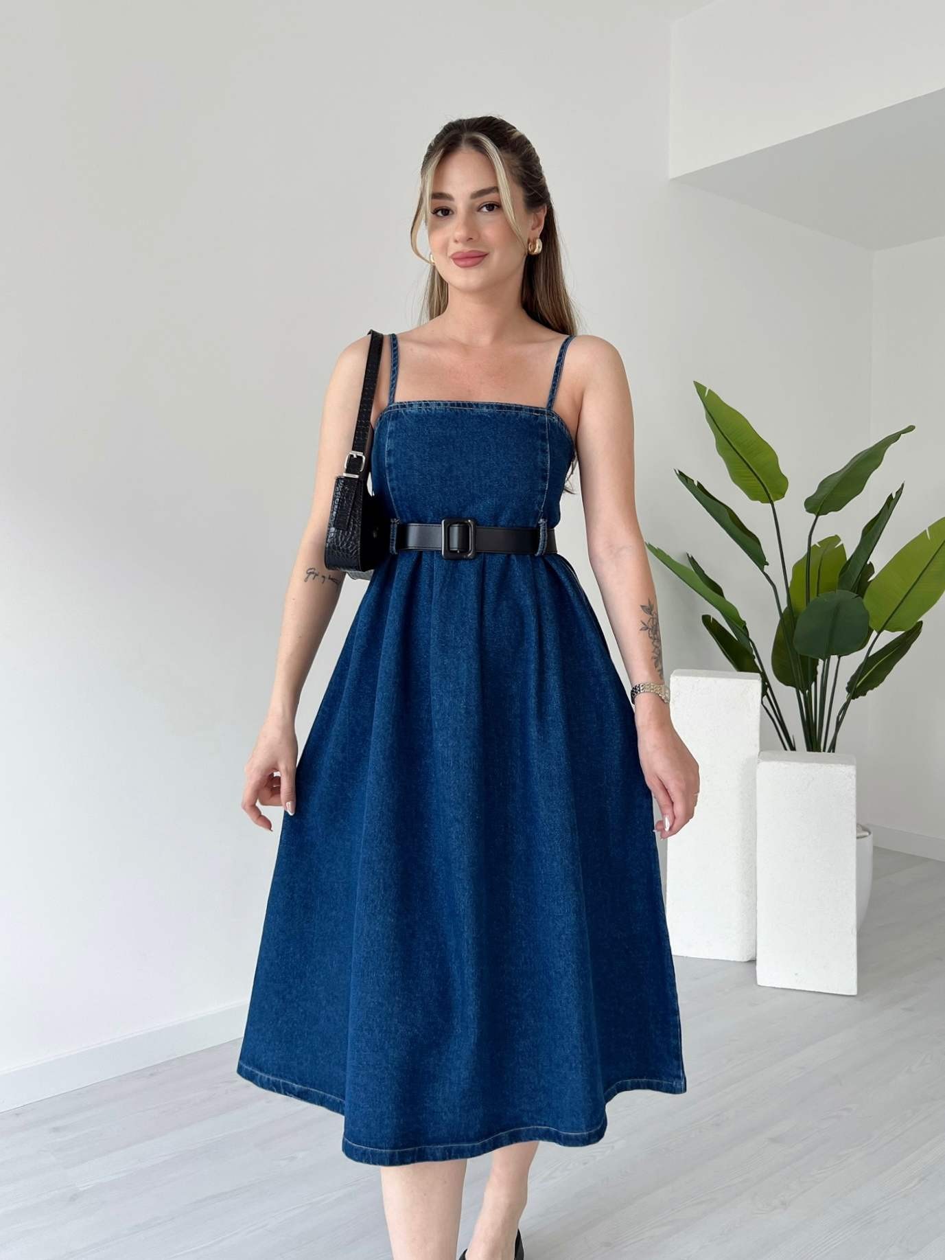 Askılı Denim Elbise - Koyu Mavi