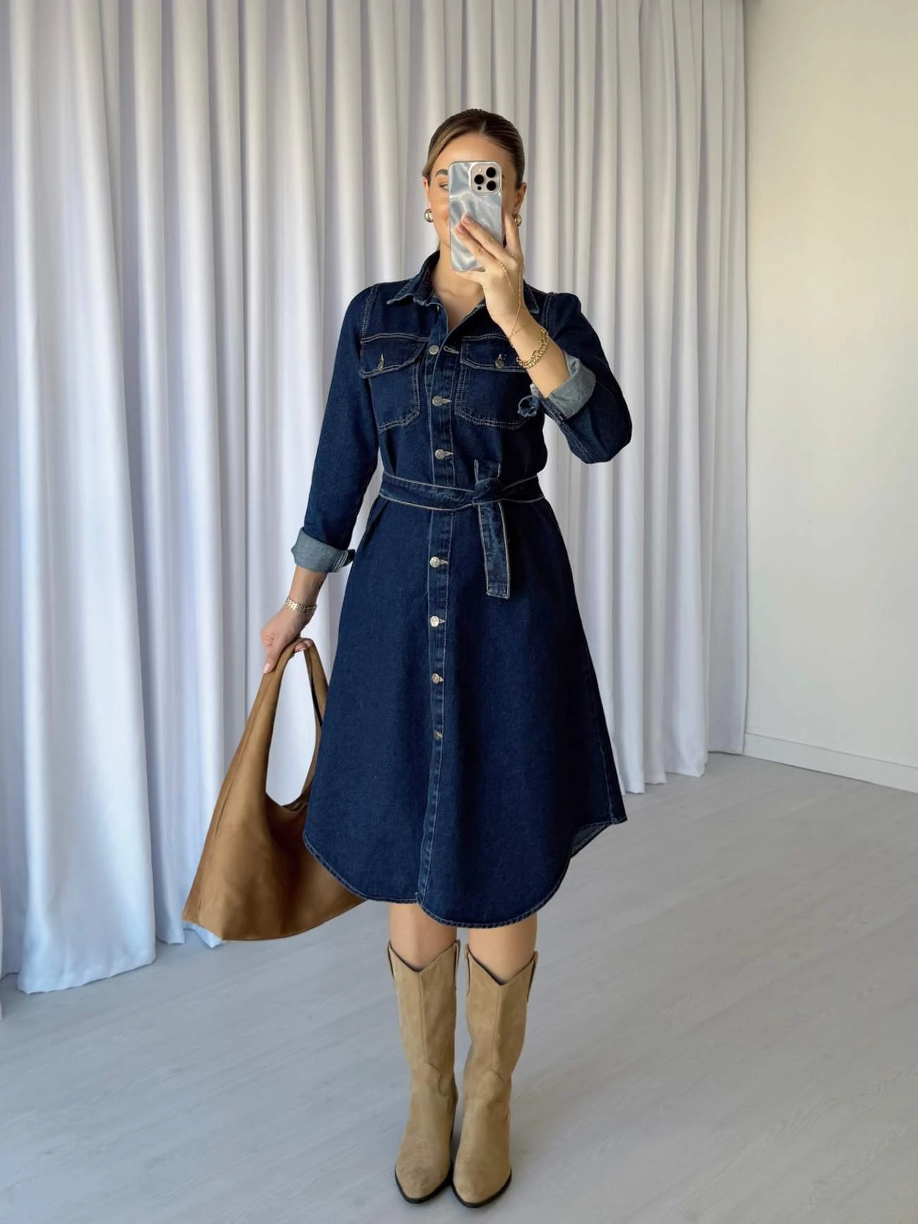 Uzun Kollu Kuşaklı Denim Elbise