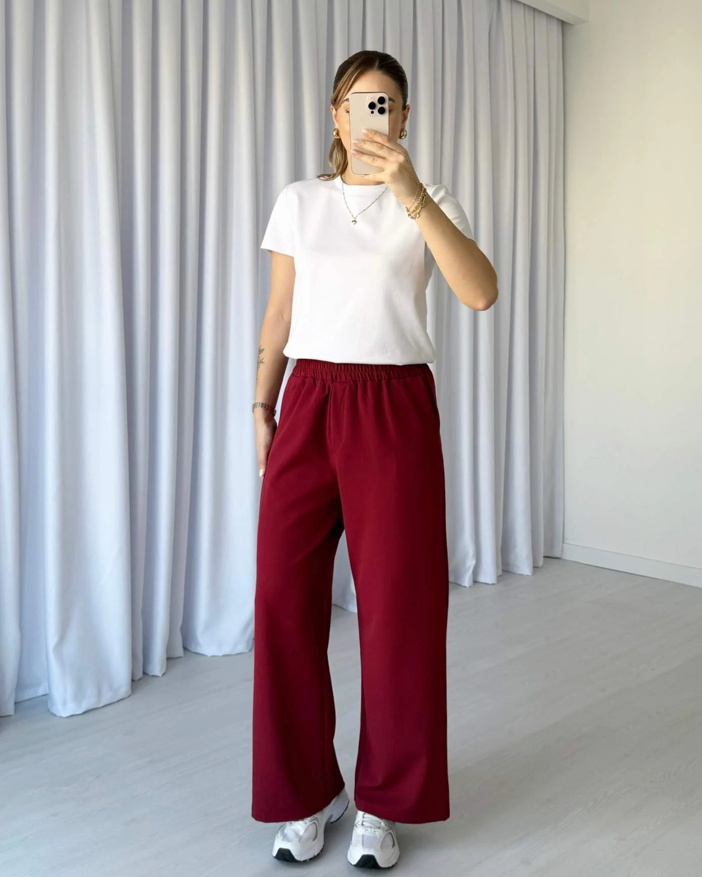 Bol Paça Beli Lastikli Kumaş Pantolon - Bordo